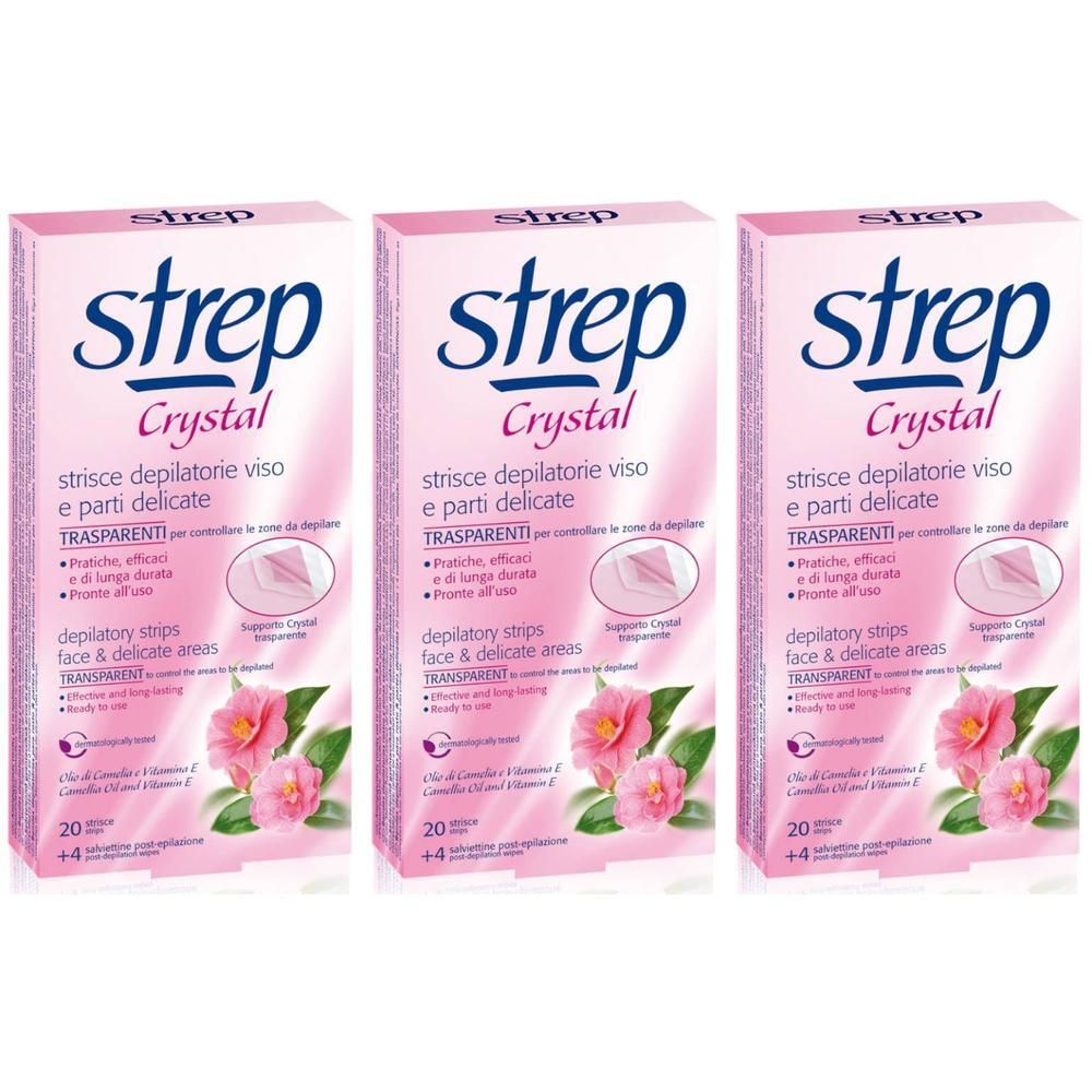 Drie verpakkingen Strep Crystal ontharingsstrips voor het gezicht. Roze verpakking met productnaam en bloemmotief. 20 + 4 strips.