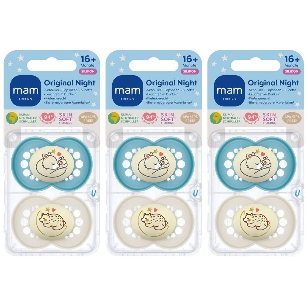 Drie MAM Original Night fopspenen, blauw en crème, in verpakking. Geschikt voor 16+ maanden.