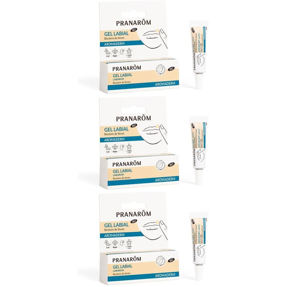 Trois boîtes et tubes de baume à lèvres. Sur les boîtes, on lit Pranarôm, Gel Labial, Aromaderm.
