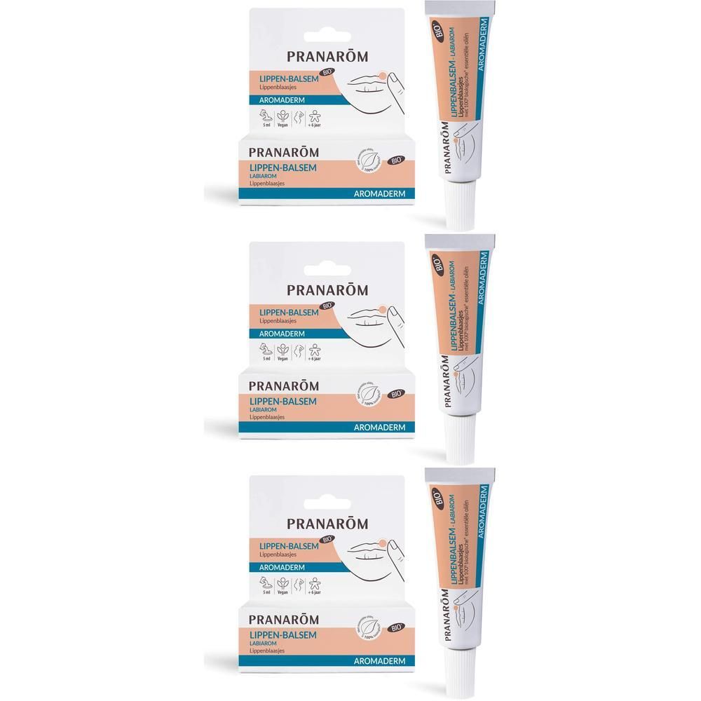 Drie verpakkingen en tubes lippenbalsem. Op de verpakkingen staat Pranarôm, Lippenbalsem, Aromaderm.