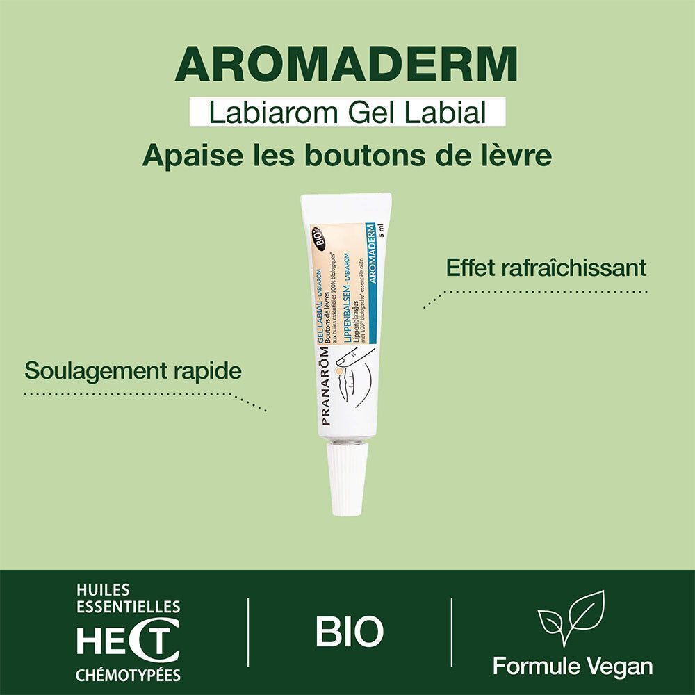 Tube de baume à lèvres Aromaderm. Inscription : Labiarom Gel Labial. Certification bio, formule vegan.