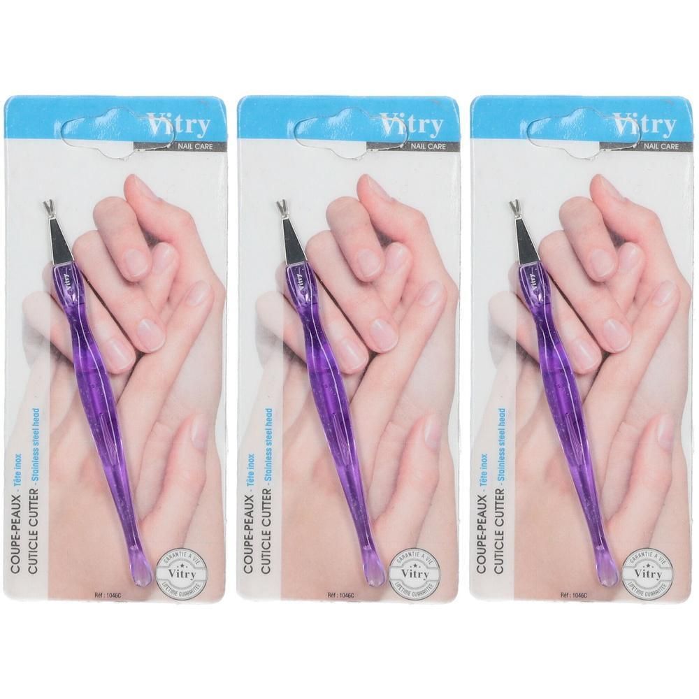 Drie verpakkingen Vitry Classic Coupe Peau. Elke verpakking bevat een cuticle cutter met paars handvat. Opschrift: Vitry.