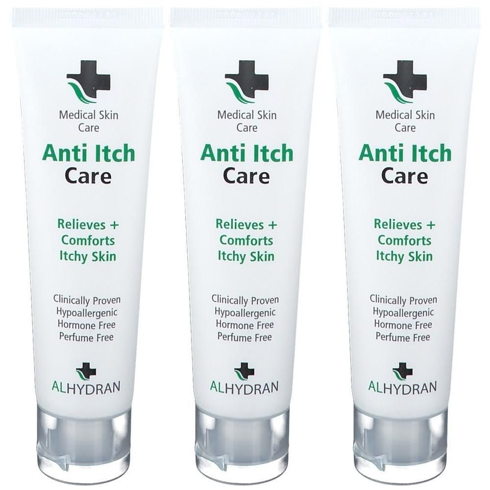 Drie witte tubes. Op elke tube staat "Anti Itch Care" en "ALHYDRAN".