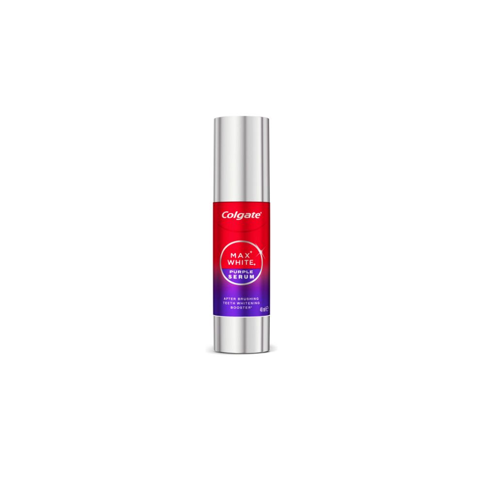 Colgate Max White serumfles. Zilveren fles met rood en blauw etiket. Tekst: Max White, Purple Serum.