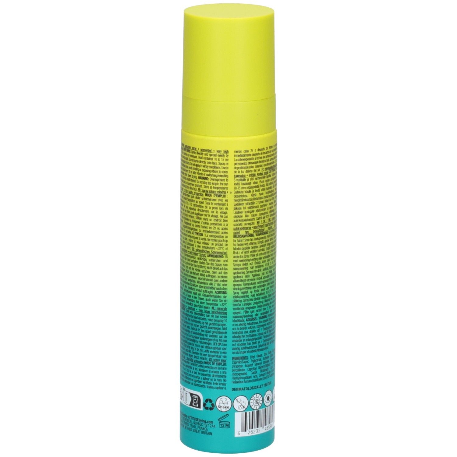 ATTITUDE Spray écran solaire minéral, verso avec informations détaillées.