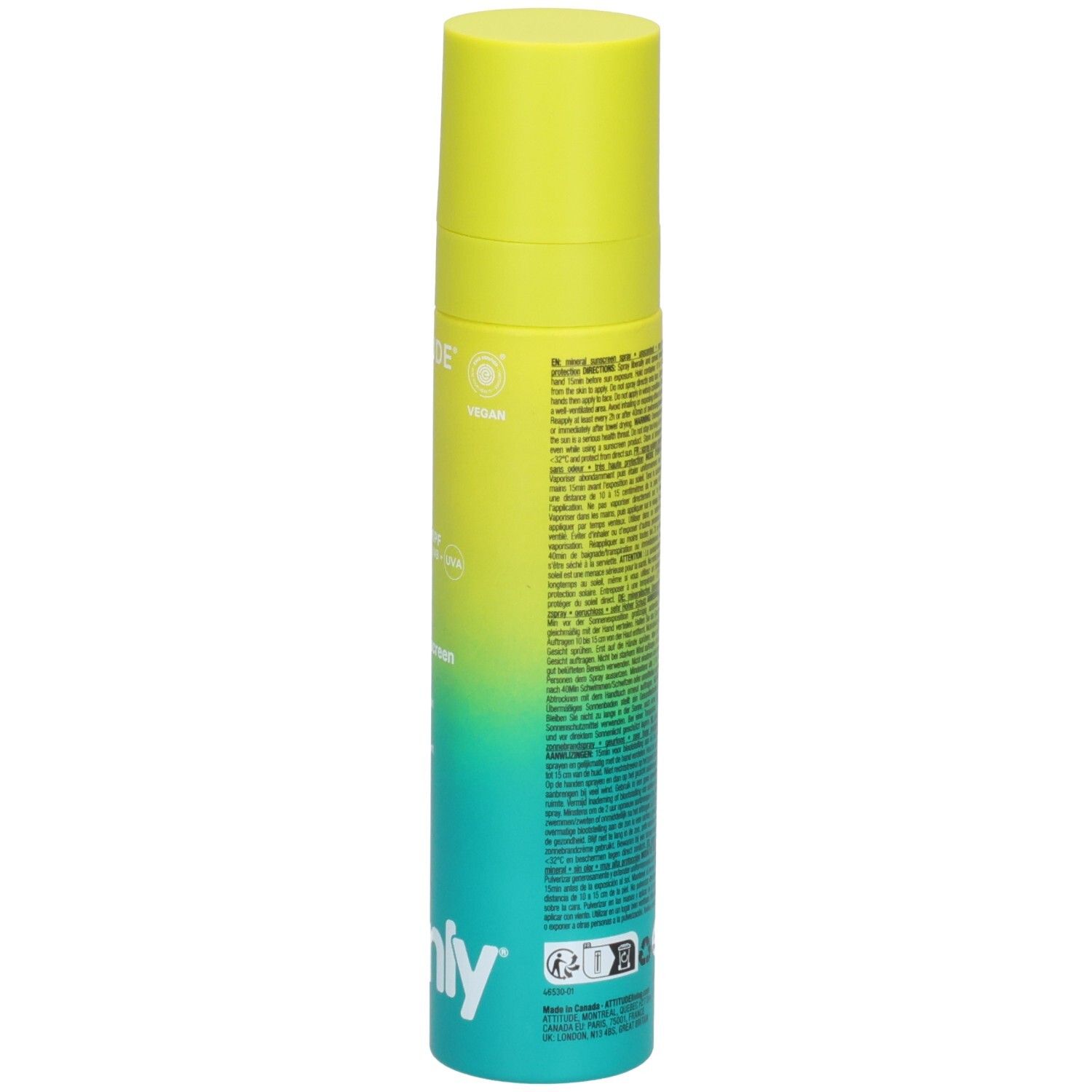ATTITUDE Spray écran solaire minéral, face avant avec nom de marque et FPS 50+.