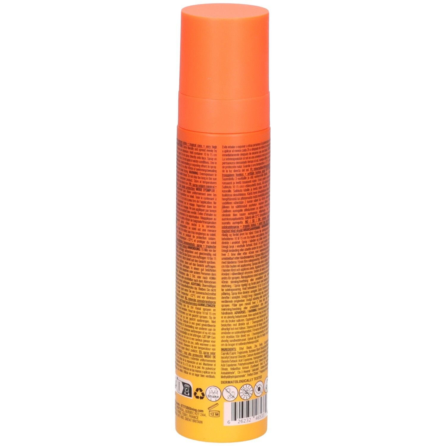 ATTITUDE Spray écran solaire minéral, FPS 50+, Coco Tropical, verso avec ingrédients et symboles.