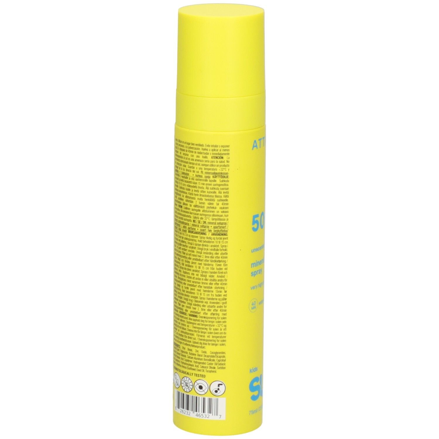 ATTITUDE Spray écran solaire minéral pour enfants, FPS 50+, verso avec ingrédients et certifications.