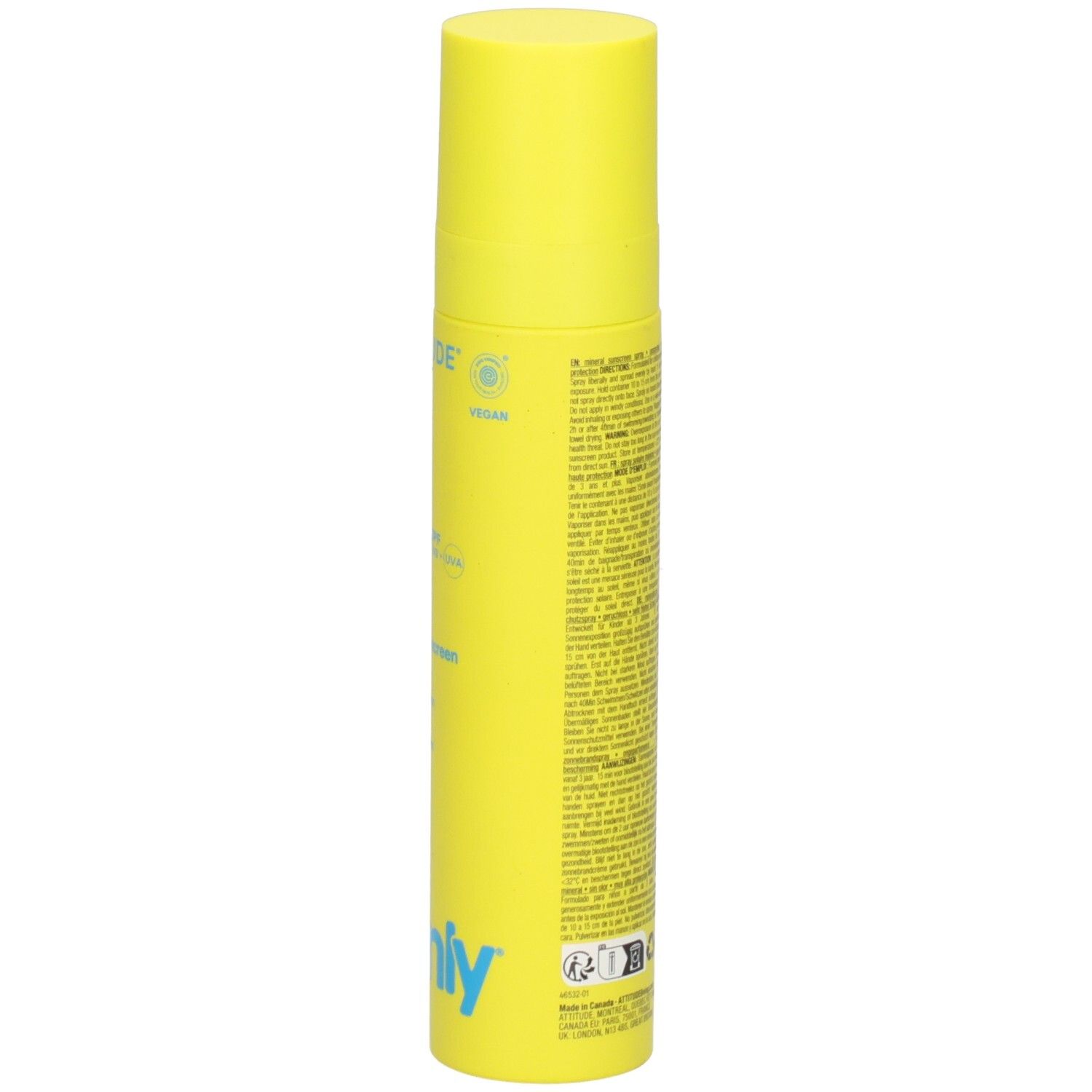 ATTITUDE Spray écran solaire minéral pour enfants, FPS 50+, verso avec certifications et sceaux.