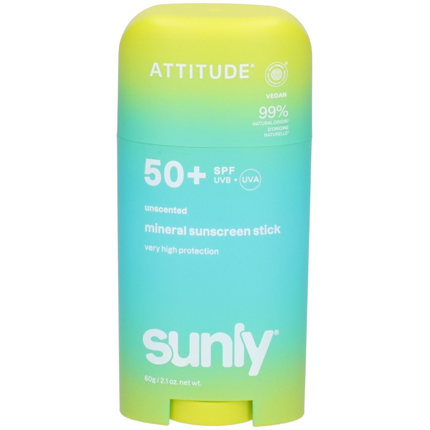 ATTITUDE Stick écran solaire minéral FPS 50+, sans parfum, 60g. Dégradé jaune-turquoise.