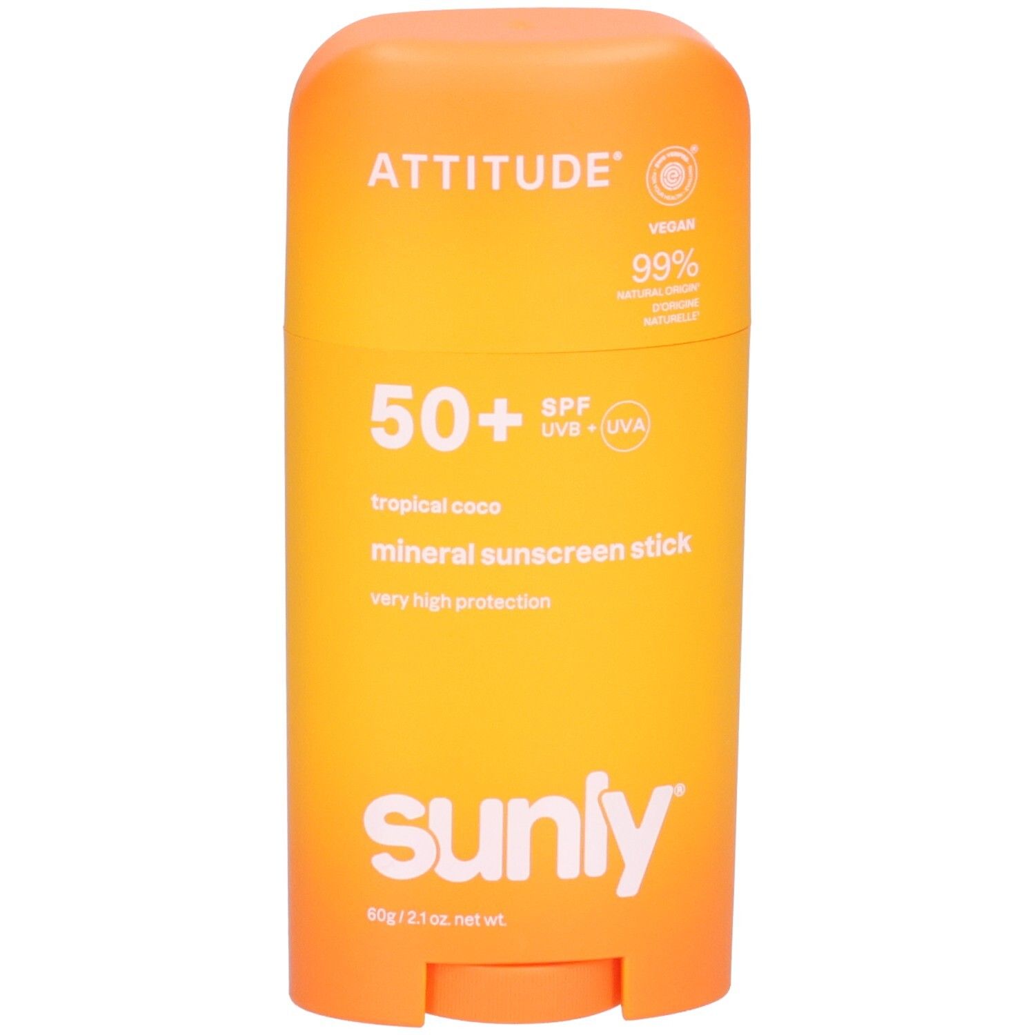 ATTITUDE Stick écran solaire minéral SPF 50, Tropical Coco, 60g. Stick orange-jaune avec inscription blanche.