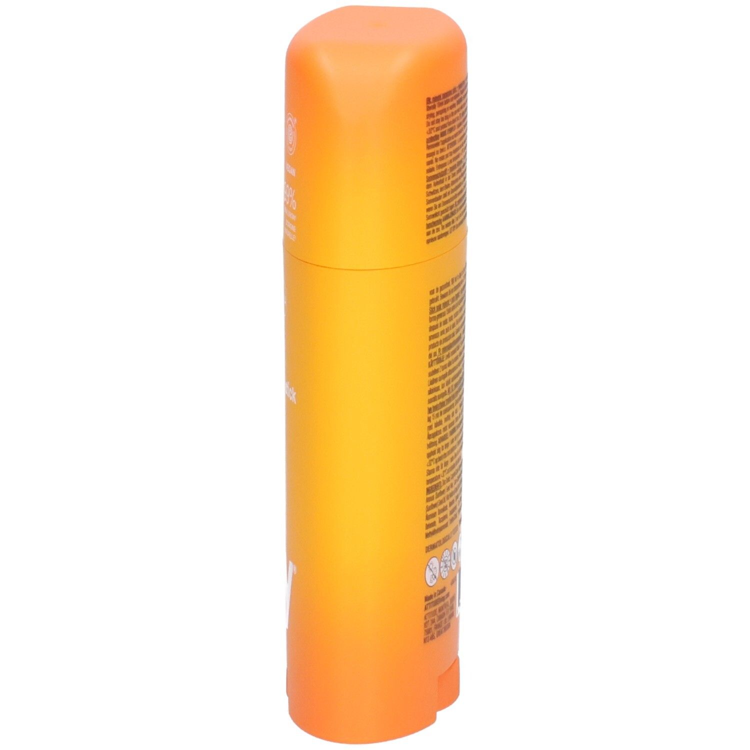 ATTITUDE Stick écran solaire minéral SPF 50, Tropical Coco, 60g. Vue latérale du stick orange-jaune.