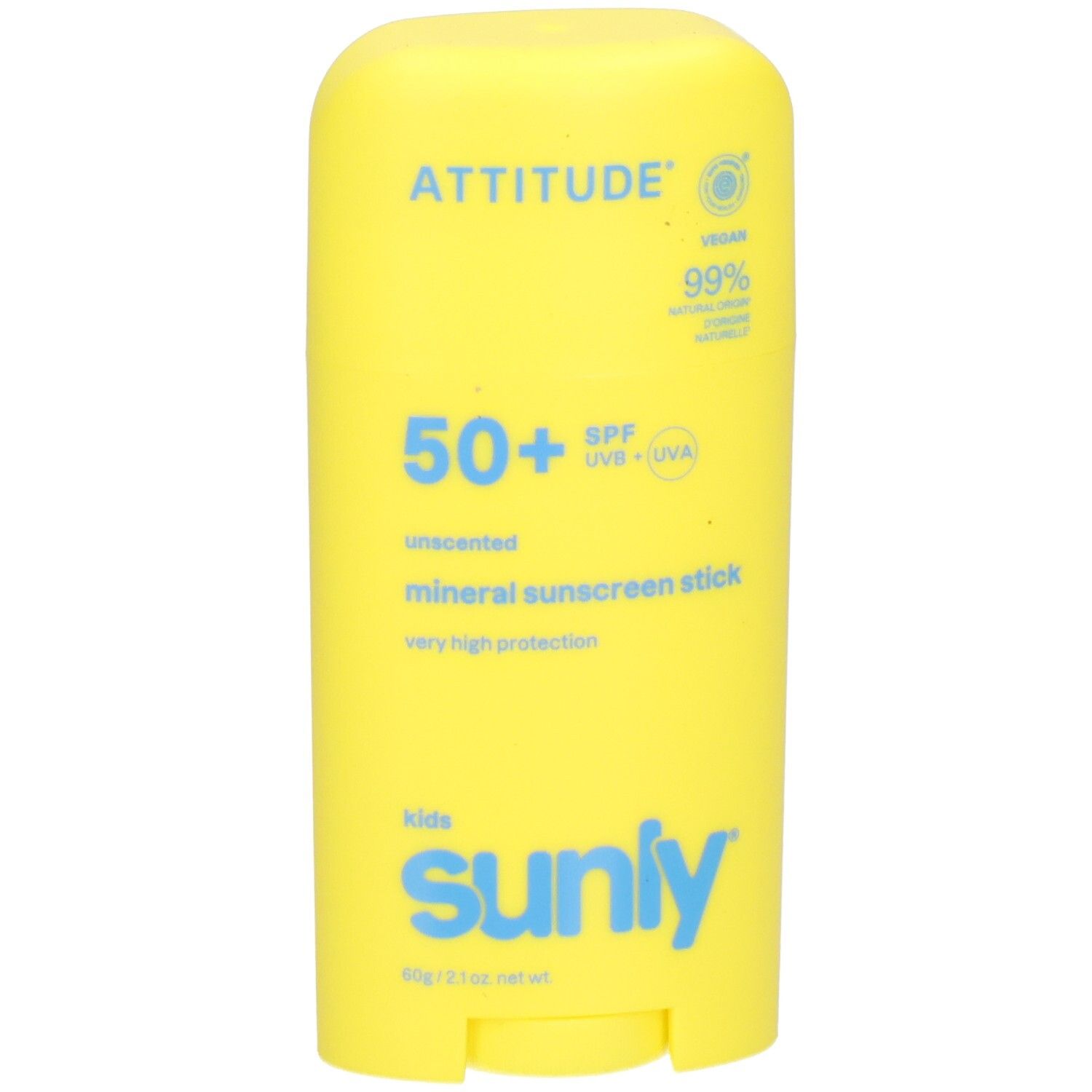 Gele zonnebrandstick SPF 50+ met "sunly" opschrift.