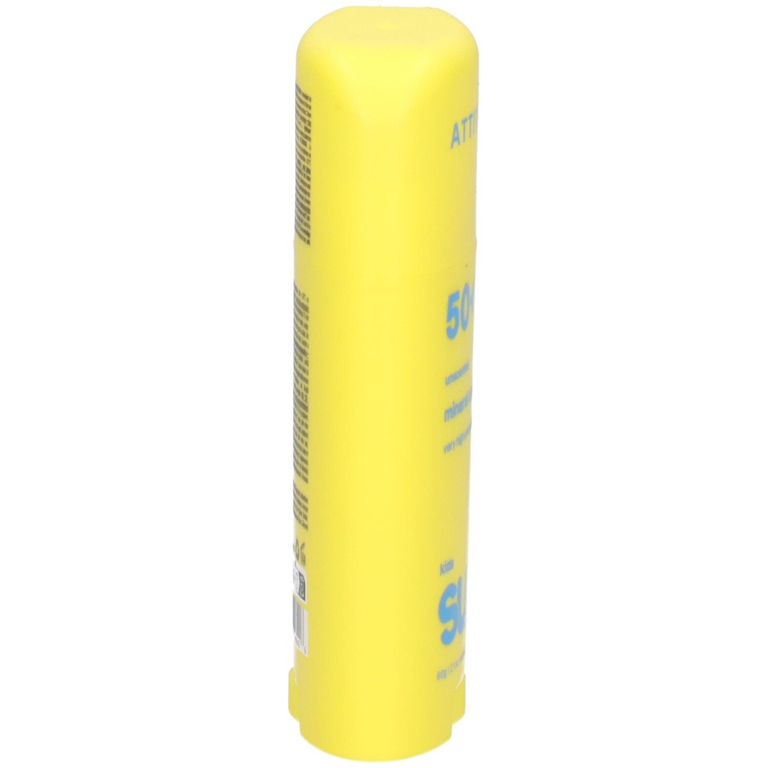 Gele zonnebrandstick SPF 50+, zijaanzicht.