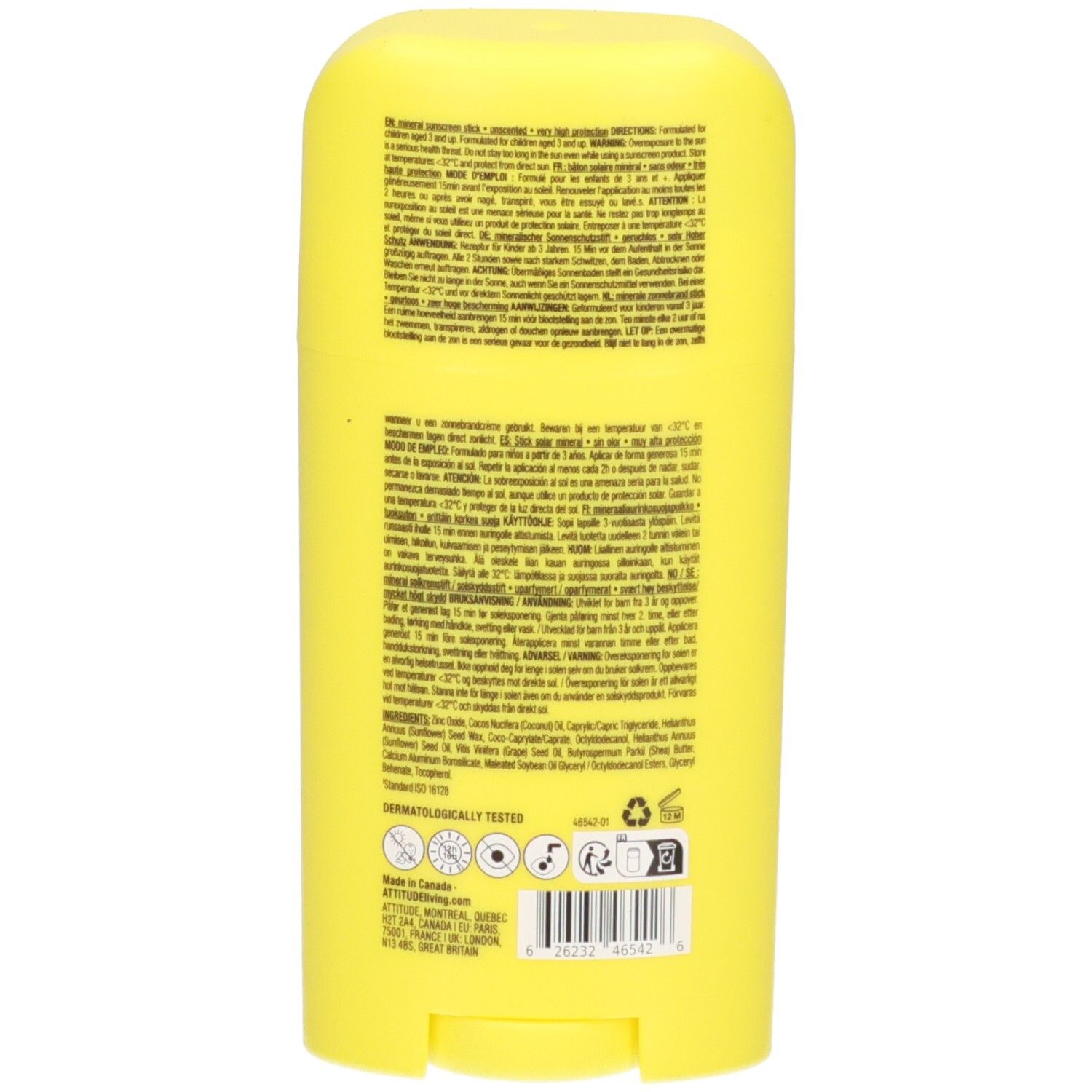 Achterkant van een gele zonnebrandstick met productinformatie en zegels.