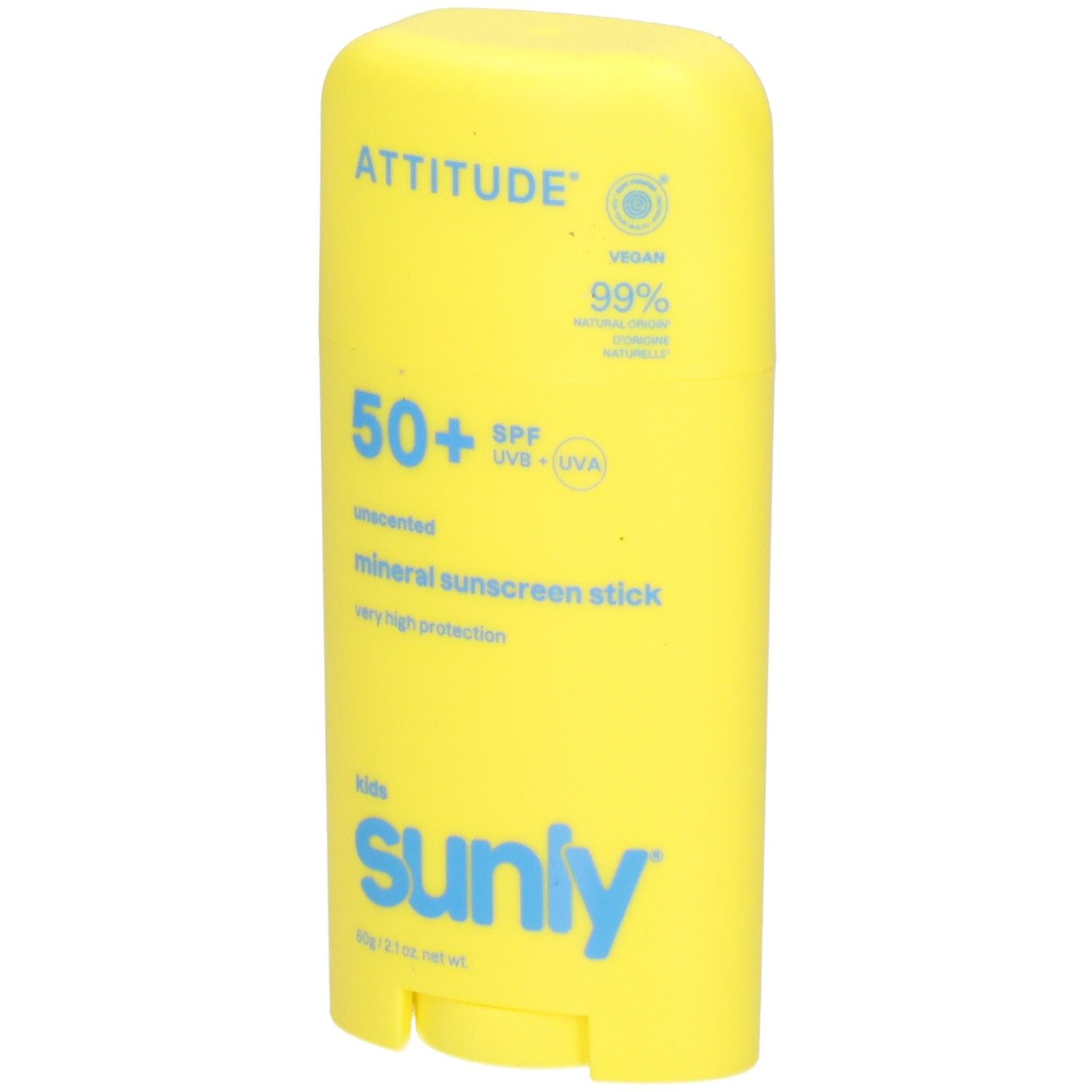 Gele zonnebrandstick SPF 50+ met "sunly" opschrift.