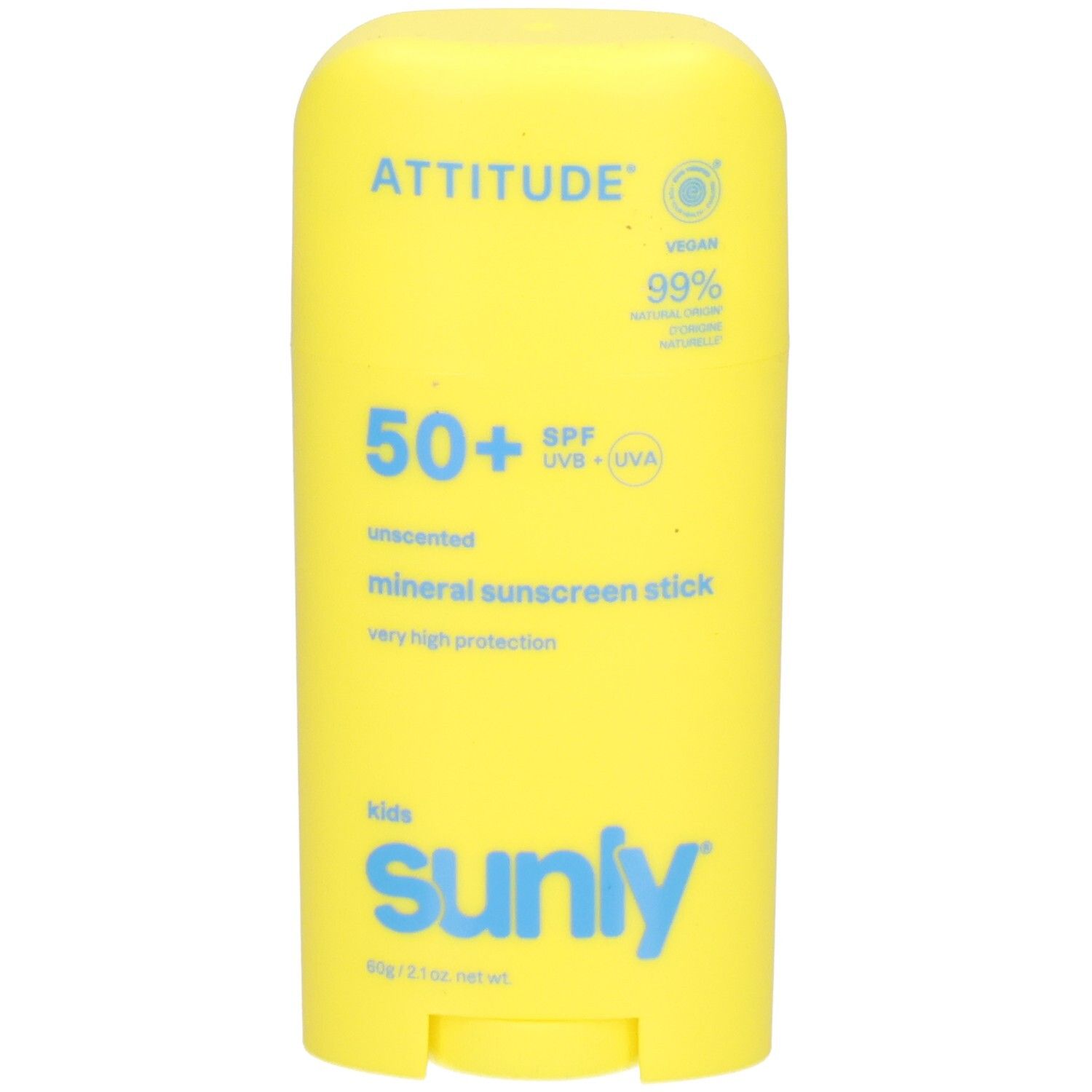 Gele zonnebrandstick SPF 50+ met "sunly" opschrift.