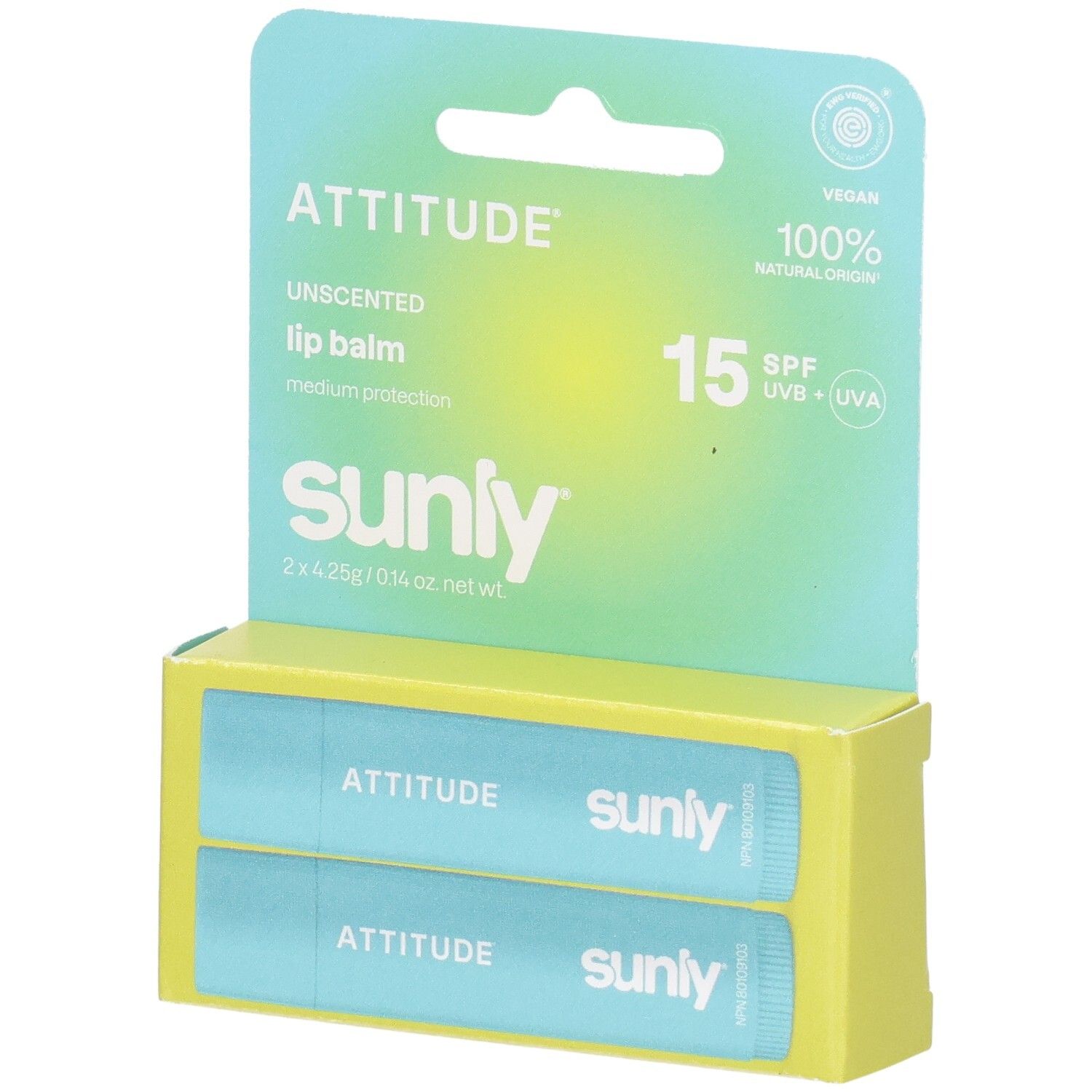 Deux baumes à lèvres Attitude Spf 15 Unscented Duo Pack dans des tubes bleu clair, emballés dans une boîte jaune avec un support turquoise.
