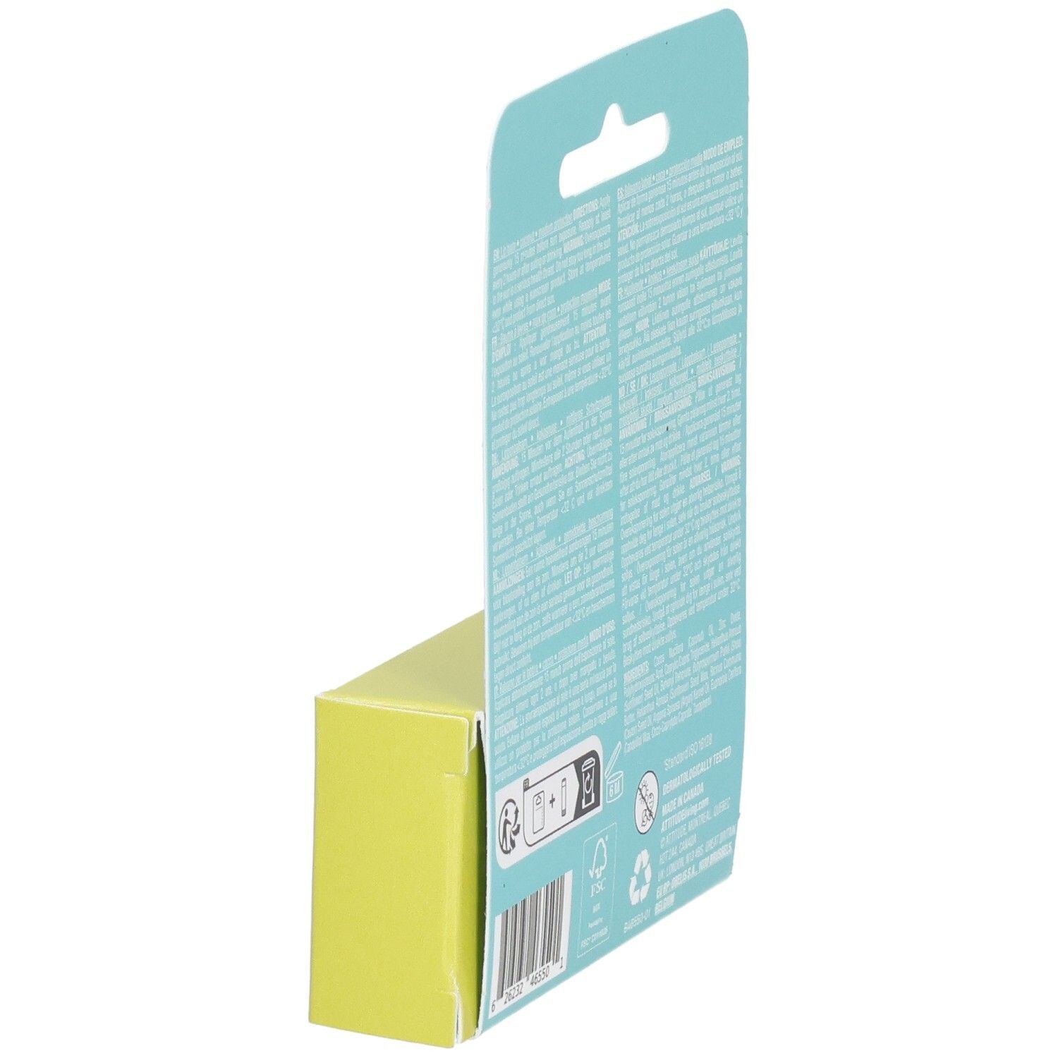 Vue en perspective de l'arrière du Attitude Lip Balm Spf 15 Unscented Duo Pack, avec informations produit et code-barres.