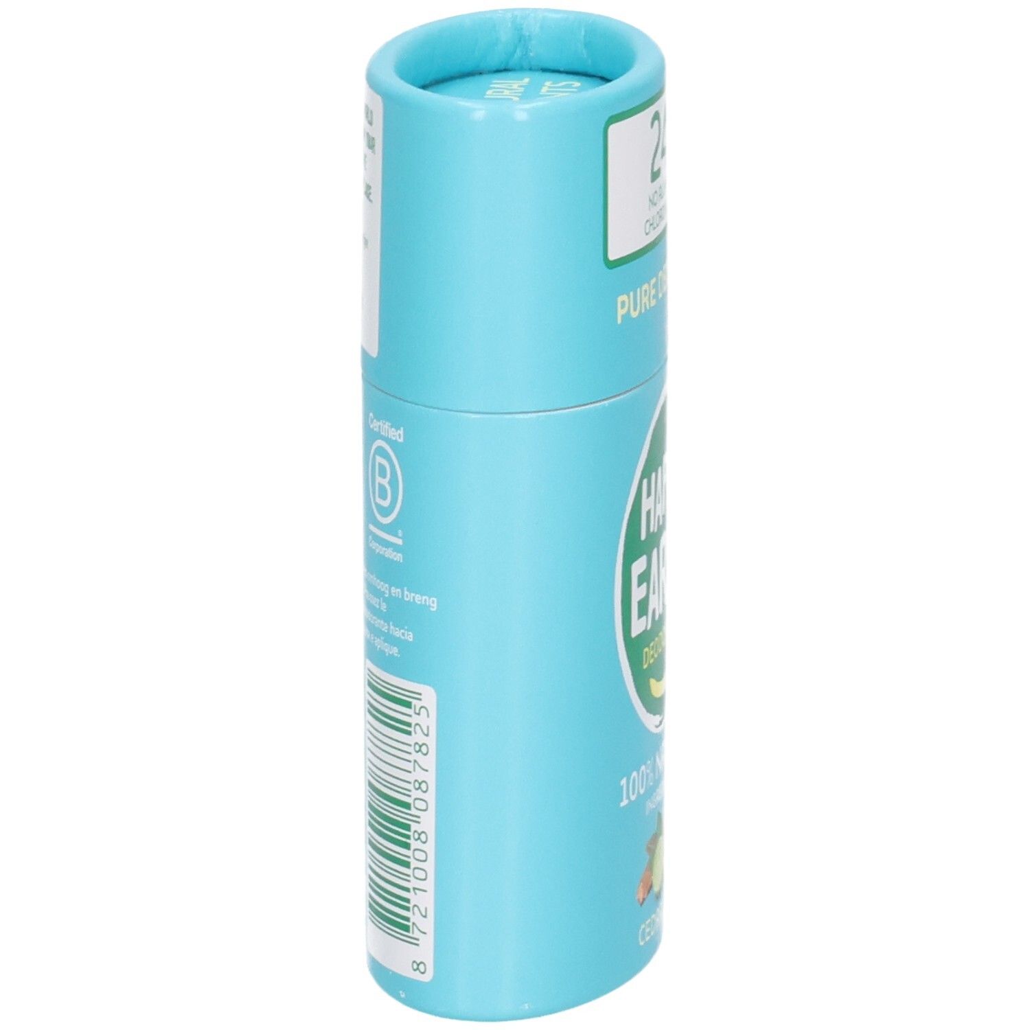 Happy Earth Deodorant Stick, zijkant met B Corp certificering en barcode.