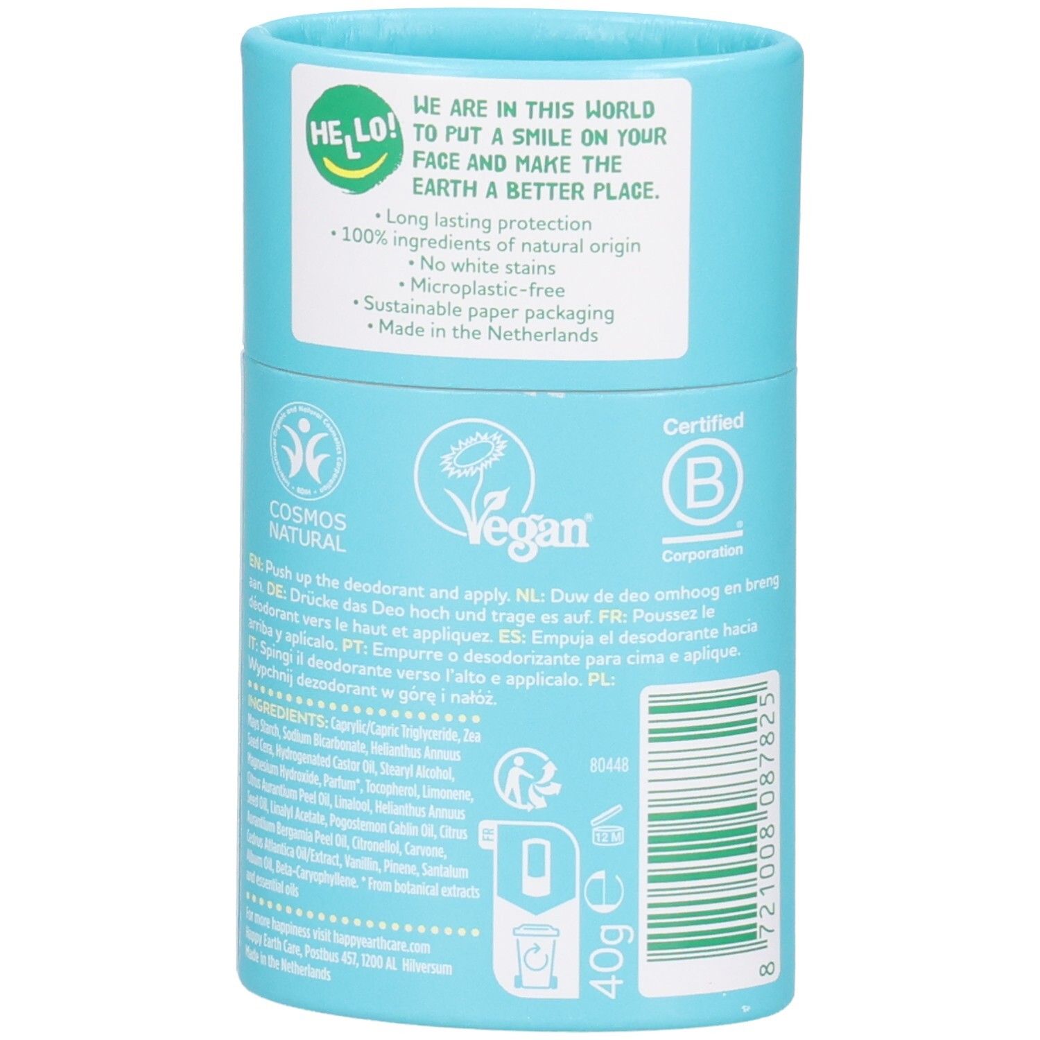 Happy Earth Deodorant Stick achterkant: Vegan, Cosmos Natural keurmerk, ingrediënten, 40g.