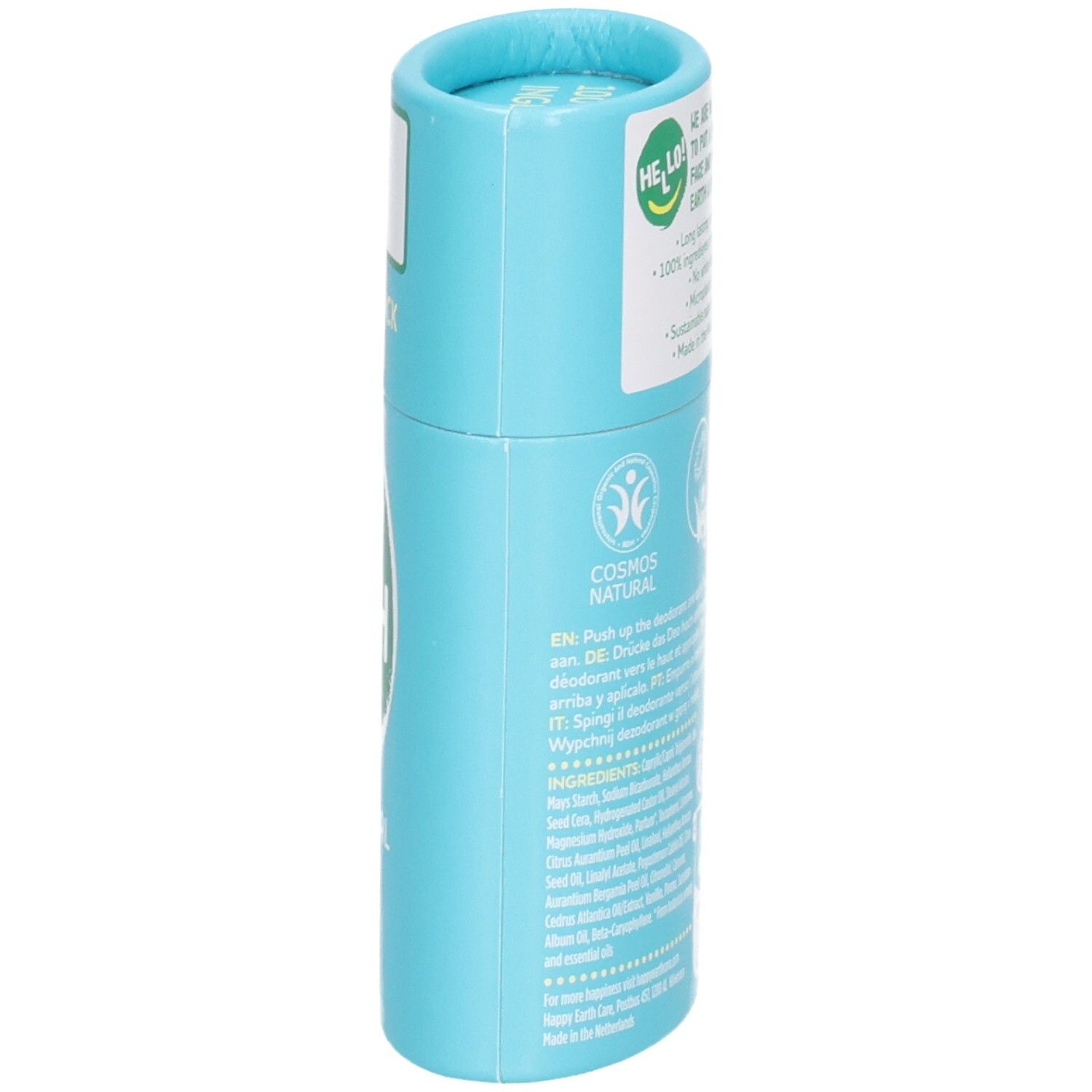 Happy Earth Deodorant Stick, zijkant met Cosmos Natural en Vegan keurmerken.
