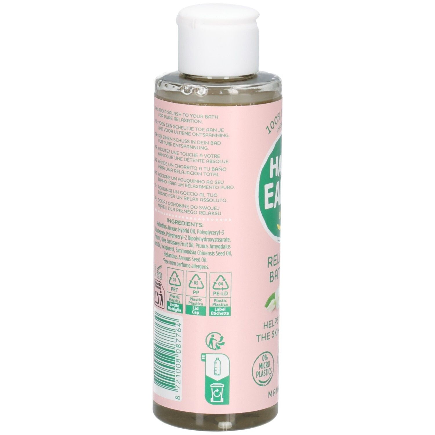 Arrière d'une bouteille d'huile de bain relaxante. Contient la liste des ingrédients et les symboles de recyclage.