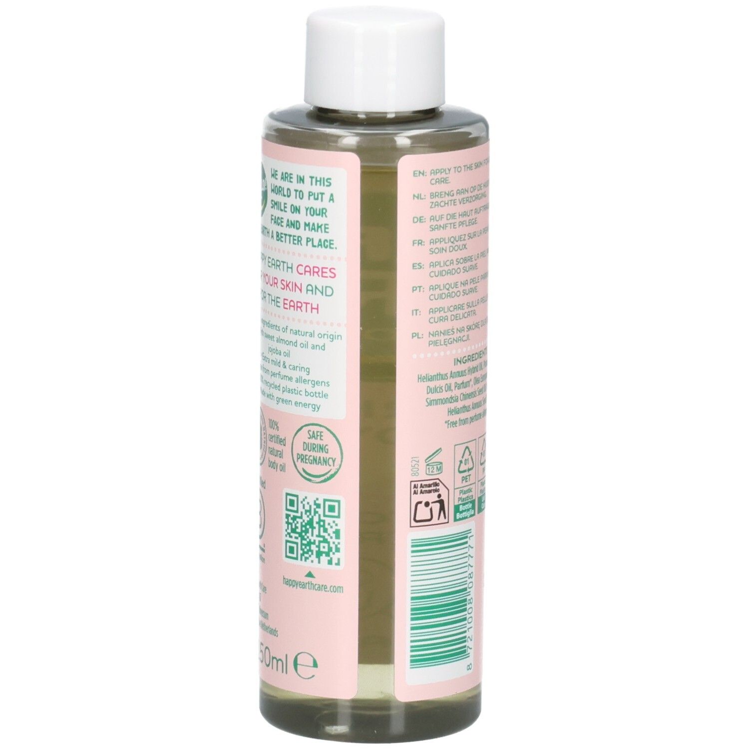 Happy Earth Huile corps pour futures mamans. Informations sur les ingrédients et labels.