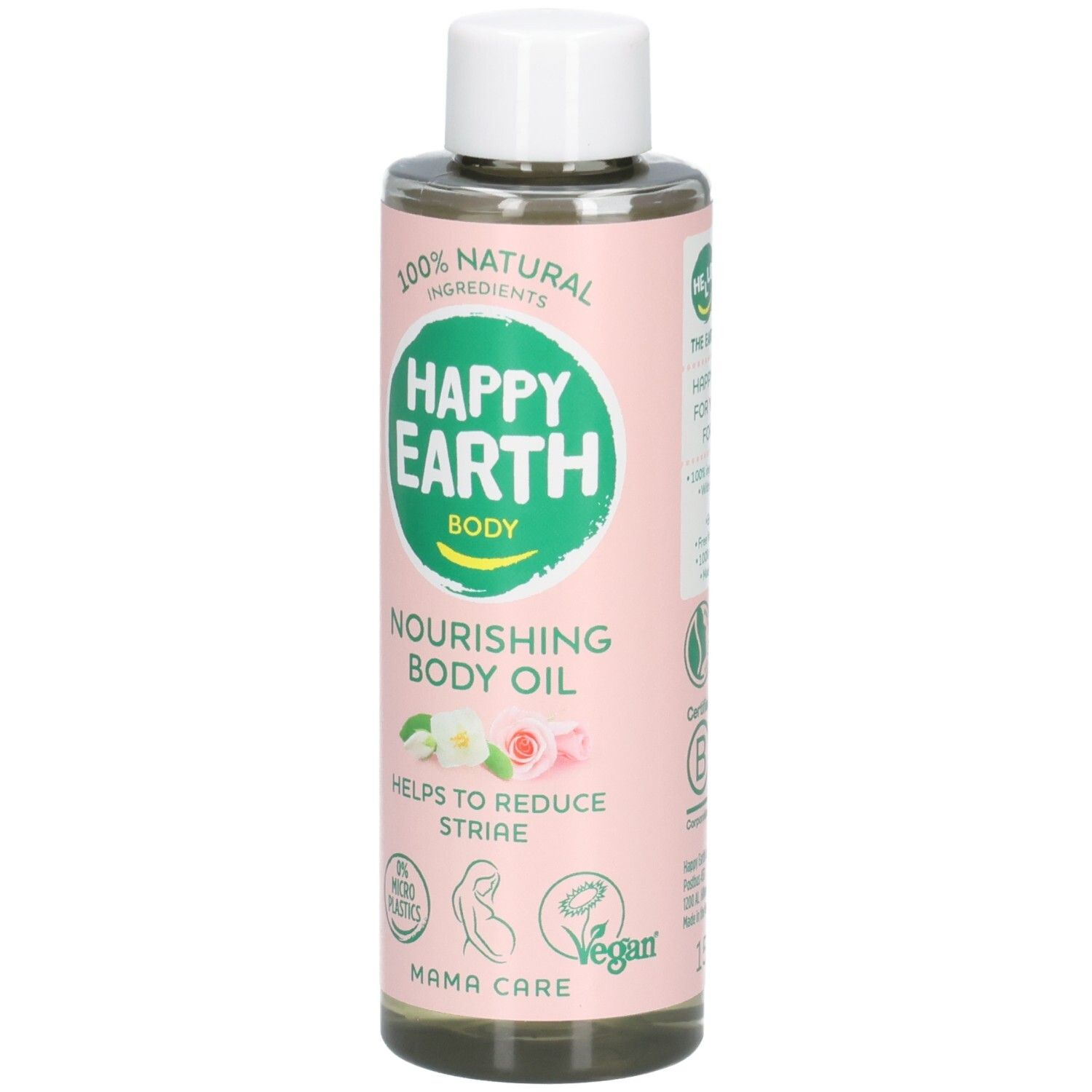 Huile corps Happy Earth pour futures mamans, 150ml. Ingrédients naturels, vegan.