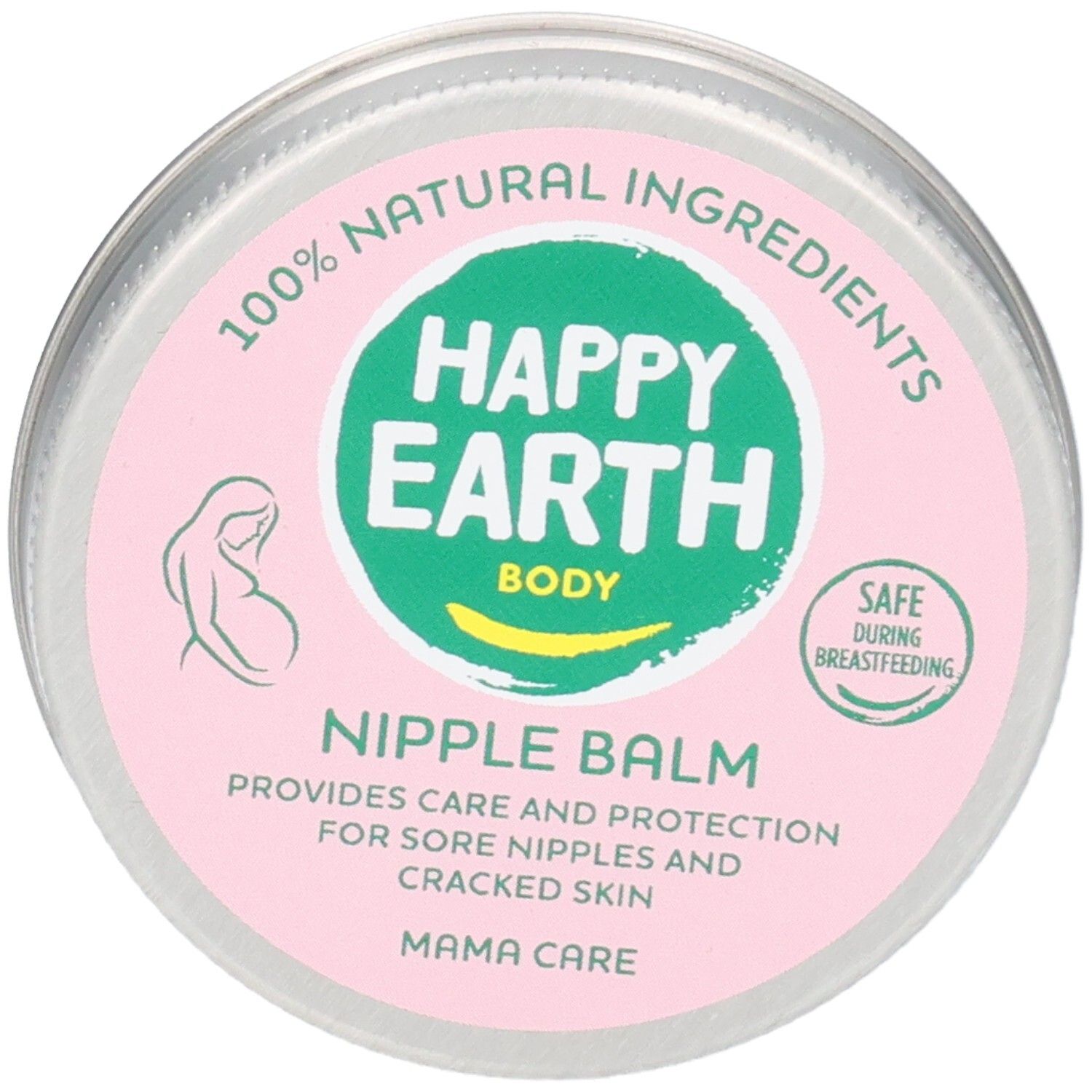 Ronde pot met Happy Earth Body Nipple Balm opschrift, 100% natuurlijke ingrediënten, veilig tijdens borstvoeding.