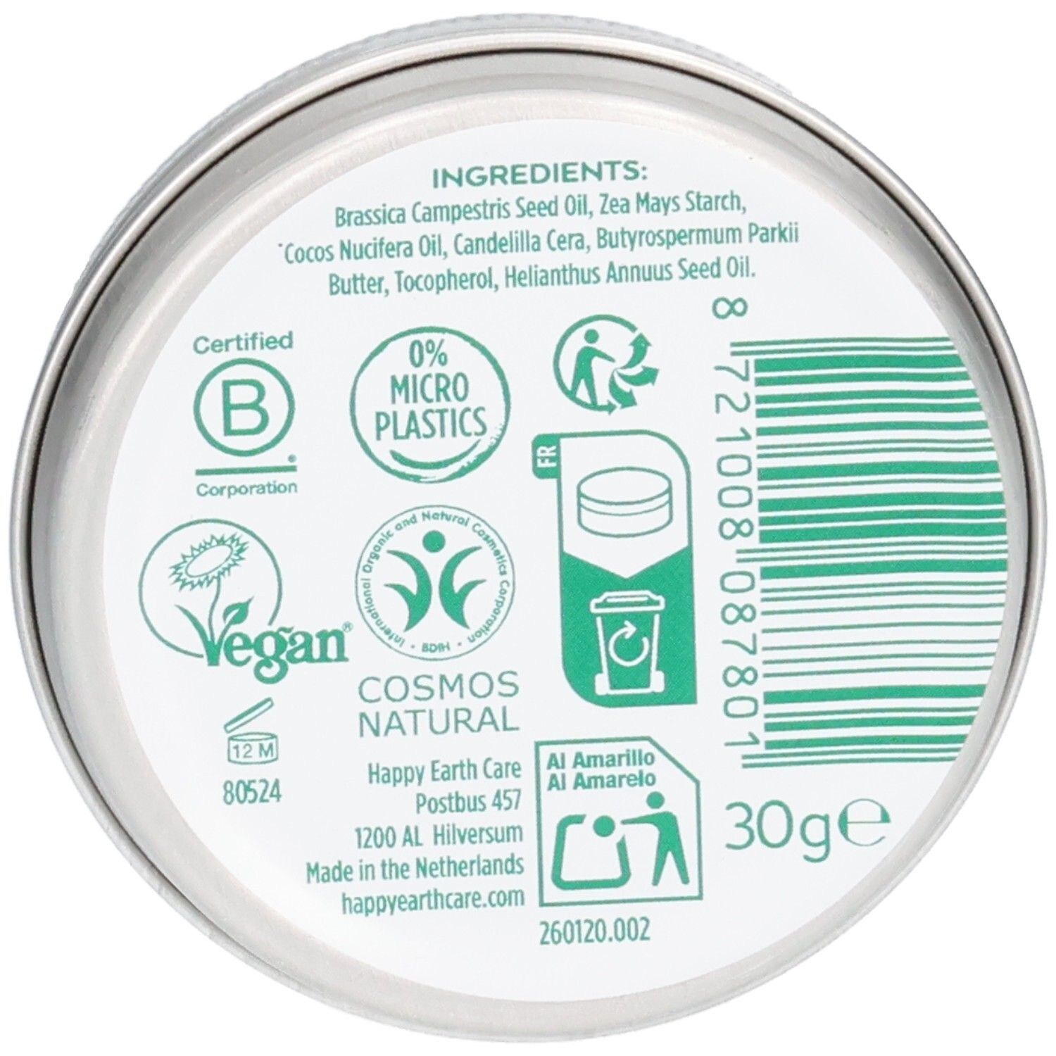 Onderkant van een ronde pot met ingrediënten, Cosmos Natural, Vegan en B Corp certificering, 30g.