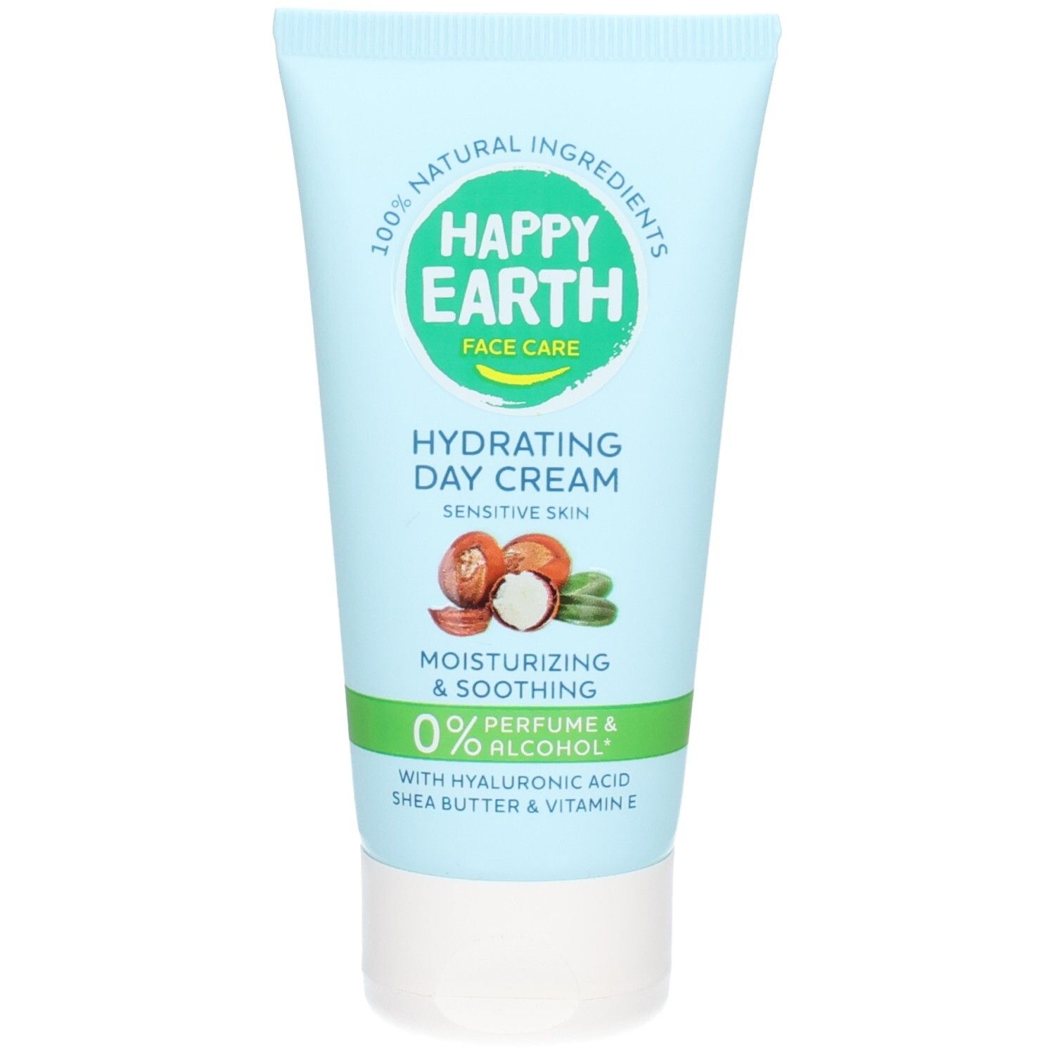 Happy Earth hydraterende dagcrème, 100% natuurlijke ingrediënten, parfum- en alcoholvrij.