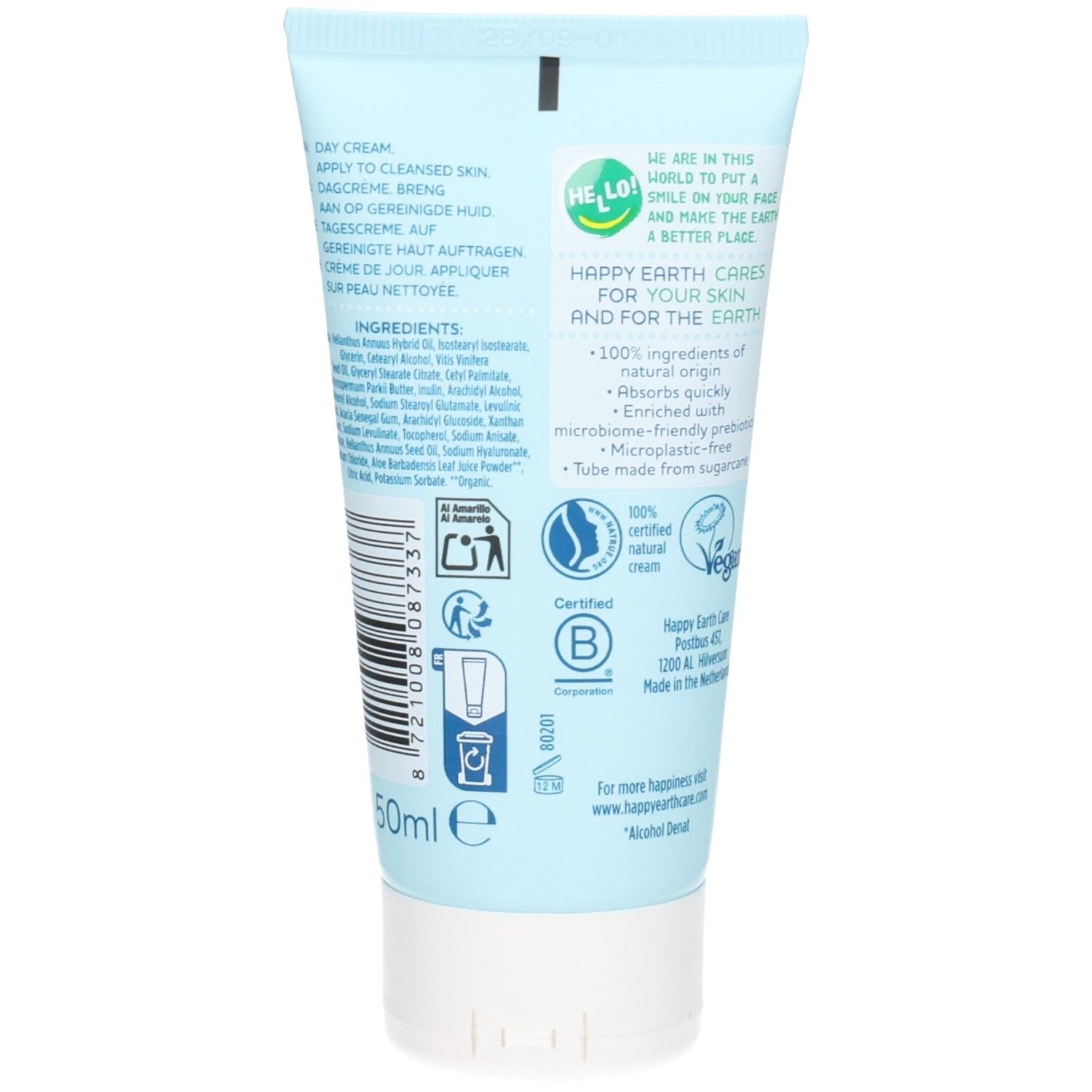 Achterkant van de Happy Earth hydraterende crème met ingrediënten, certificeringen en 50ml vermelding.