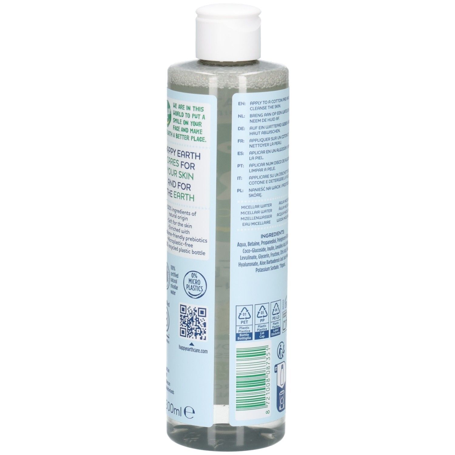 Vue latérale de la bouteille d'eau micellaire Happy Earth 3-en-1 avec code QR et symboles de recyclage.