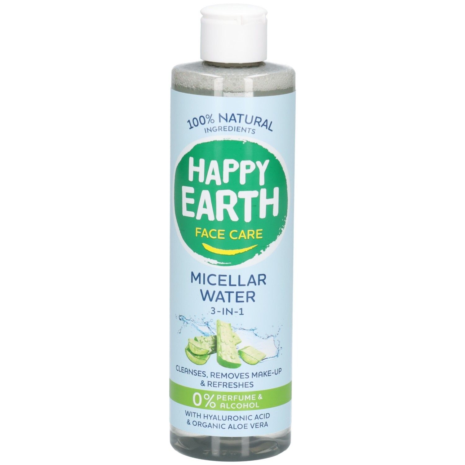 Bouteille d'eau micellaire Happy Earth 3-en-1 avec 100% d'ingrédients naturels, acide hyaluronique et aloe vera bio.