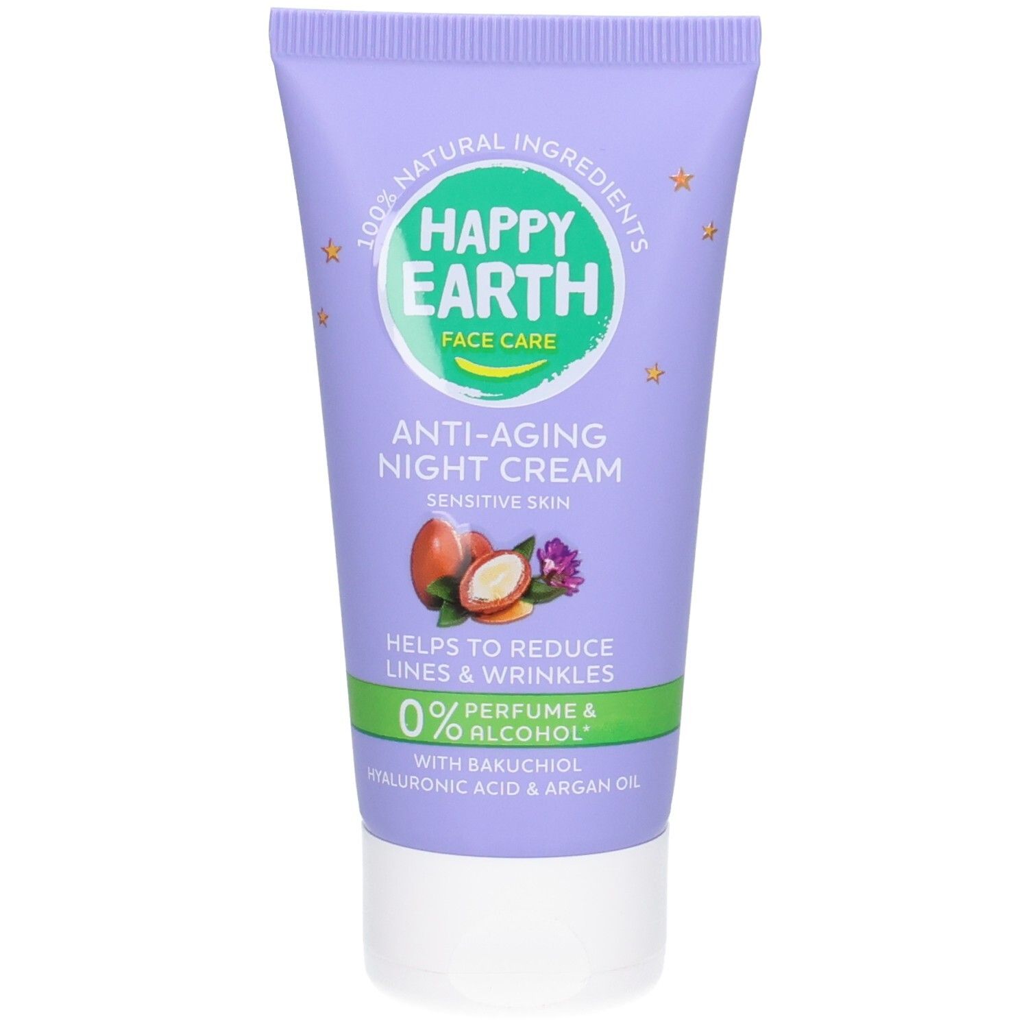 Tube violet Happy Earth Crème de Nuit Anti-Âge au Bakuchiol et Acide Hyaluronique. Aide à réduire les rides.