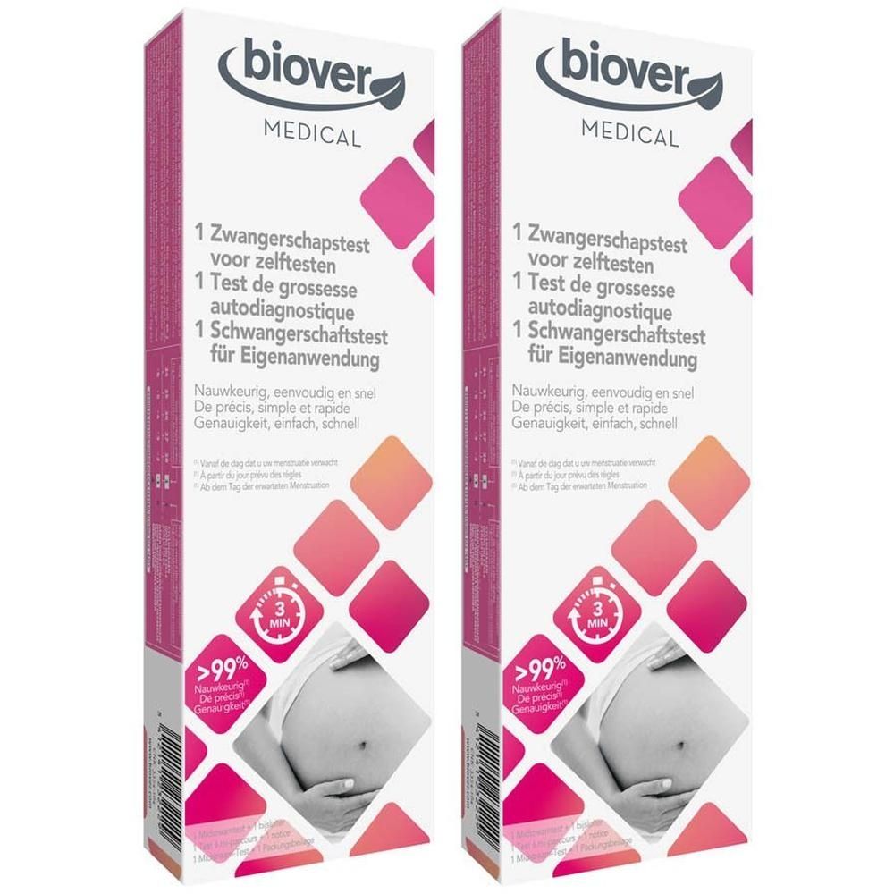 Deux boîtes de test de grossesse Biover. Boîtes blanches avec accents roses, nom du produit et texte multilingue.