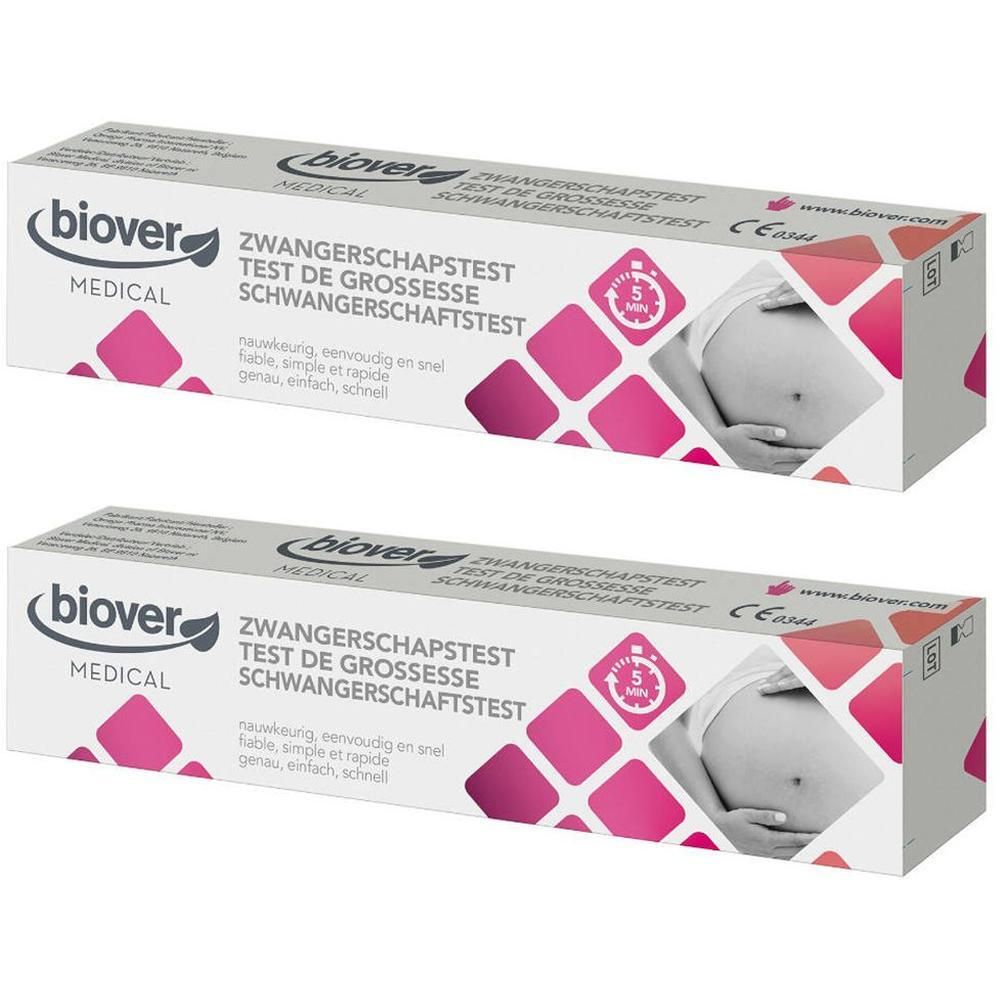 Deux boîtes de test de grossesse Biover Medical. Boîtes blanches avec accents roses et informations produit.