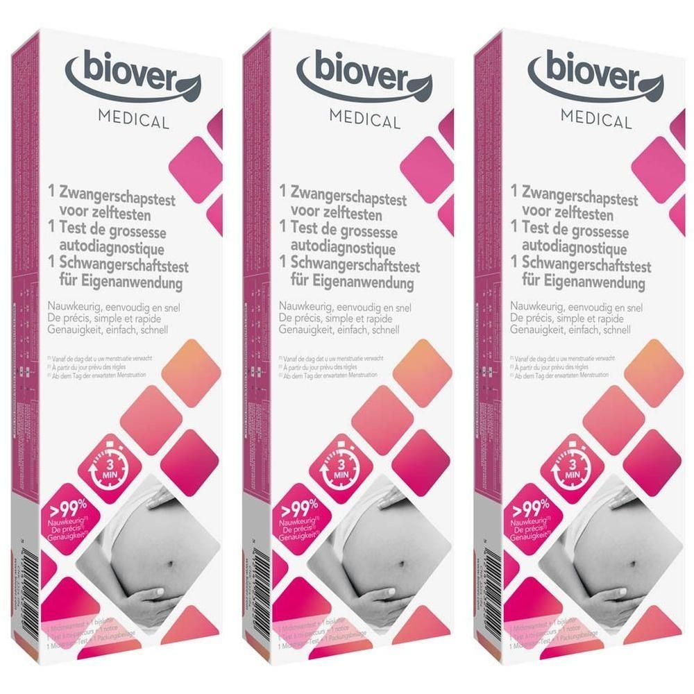 Trois boîtes de test de grossesse Biover. Emballage rose et blanc avec informations et logo. Test de grossesse pour autotest.