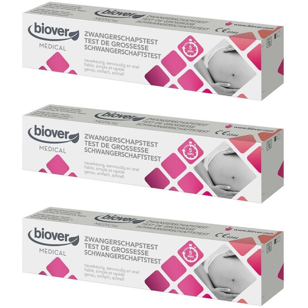 Trois boîtes de test de grossesse. Emballage blanc et rose avec nom et logo du produit. Illustration d'une femme enceinte.