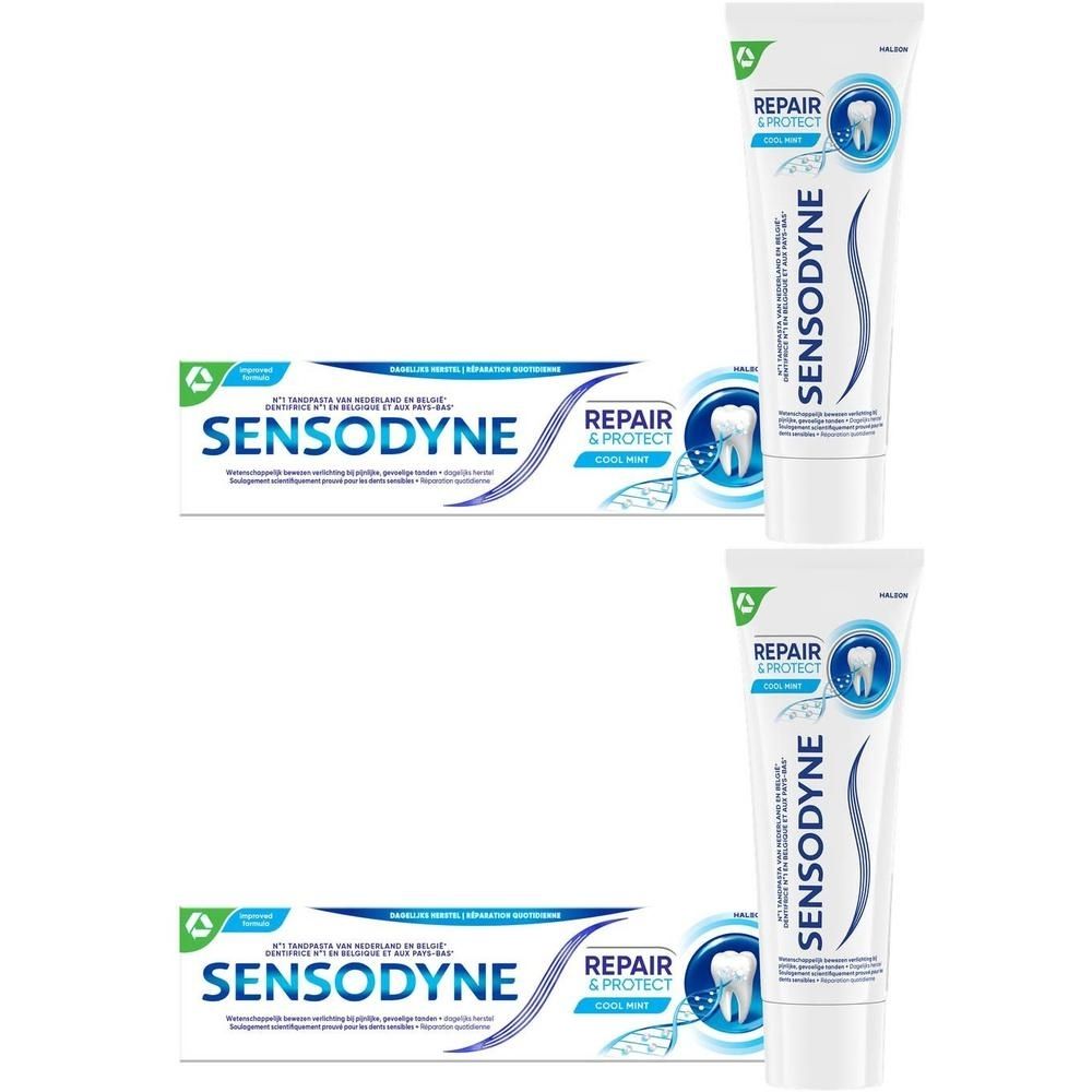 Deux tubes et une boîte de dentifrice Sensodyne Repair & Protect Cool Mint. Inscription: Repair & Protect.