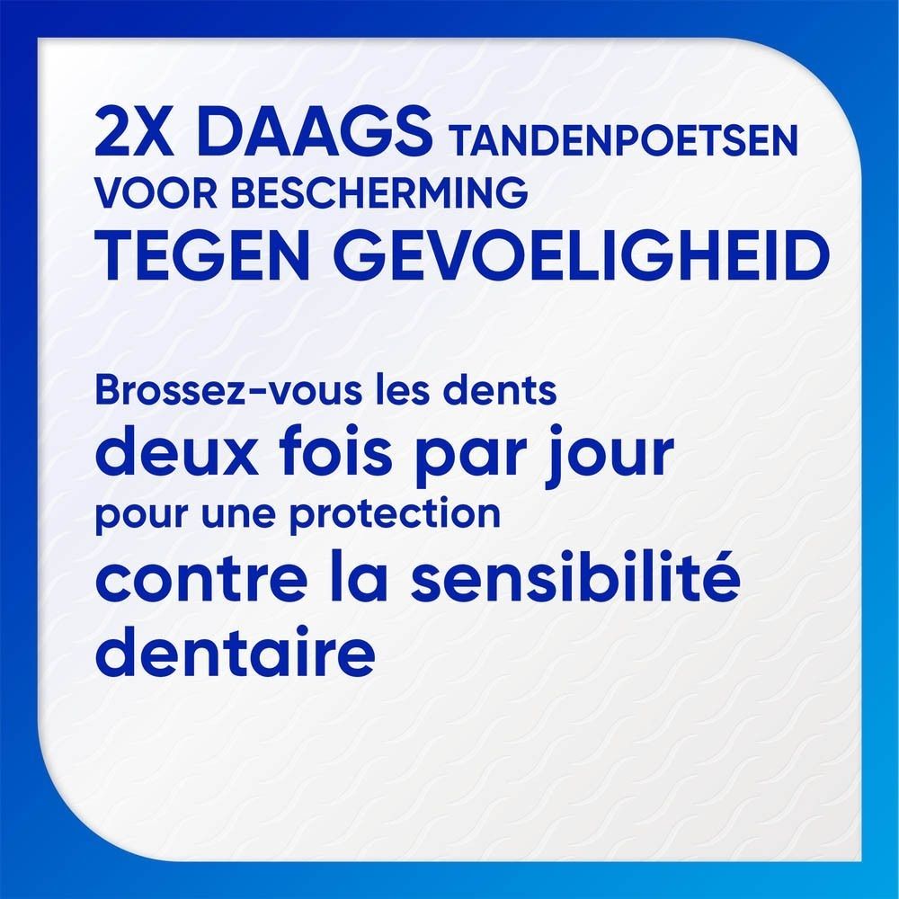 Texte sur fond bleu: 2x brossage quotidien pour protection contre la sensibilité dentaire. Texte en dessous.