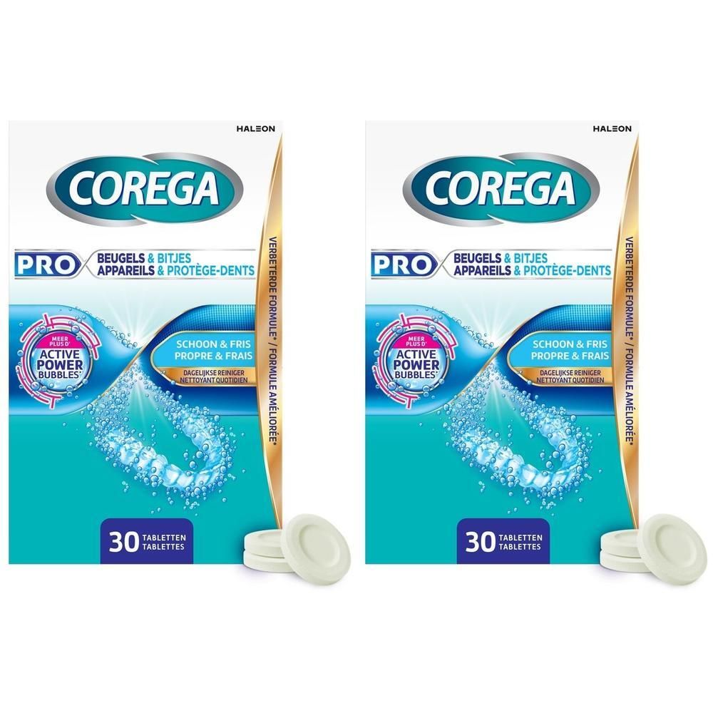 Twee verpakkingen tabletten. Opschrift: Corega Pro, Beugels & Bitjes, 30 tabletten. Met reinigingsbakje.