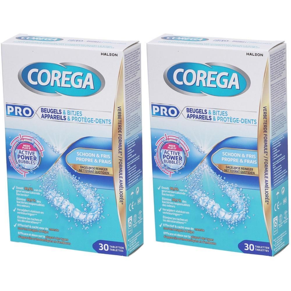 Twee pakken Corega Pro reinigingstabletten voor beugels en bitjes, 30 tabletten per pak.