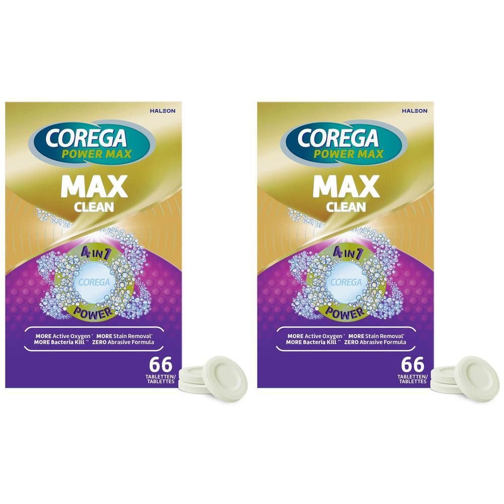 Deux boîtes de Corega Max Clean Comprimés 4-in-1 Power avec comprimés. Inscription: 66 comprimés.