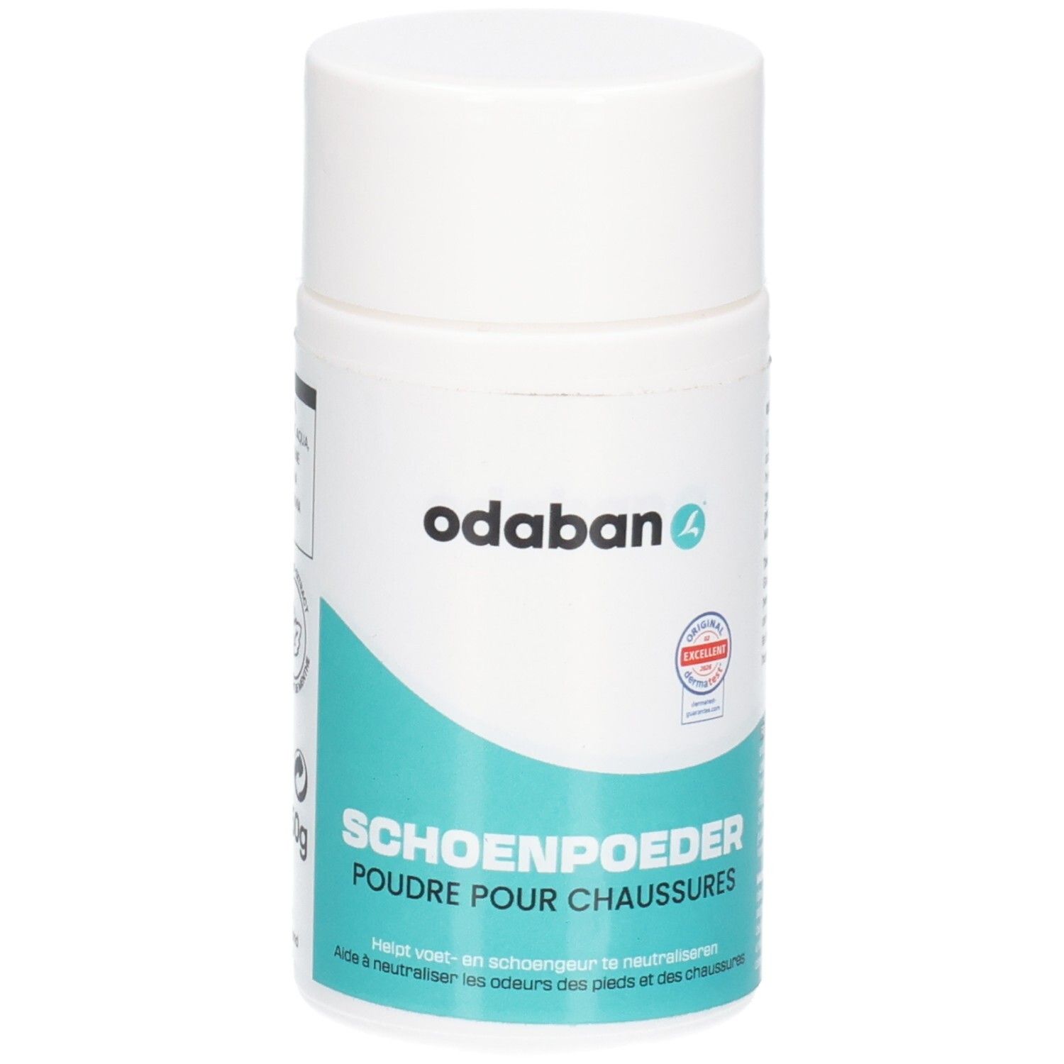 Contenant Odaban Shoepowder avec bouchon blanc et étiquette turquoise.