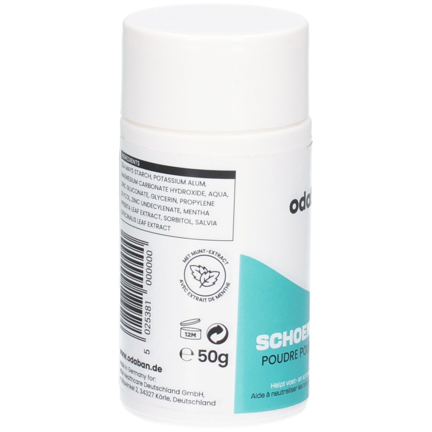 Arrière du contenant Odaban Shoepowder avec liste des ingrédients et indication 50g.