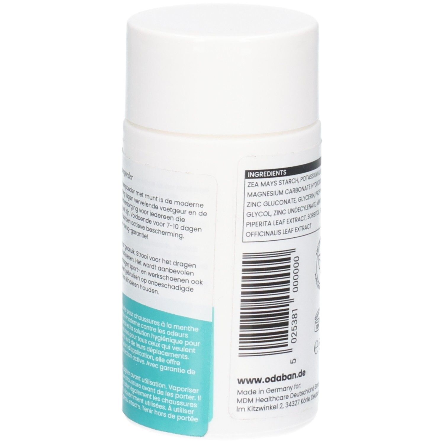 Côté du contenant Odaban Shoepowder avec instructions d'utilisation et code-barres.