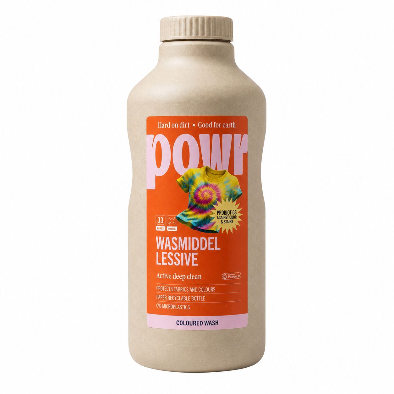 Lessive liquide POWR pour linge coloré, bouteille 1L avec étiquette montrant un t-shirt.