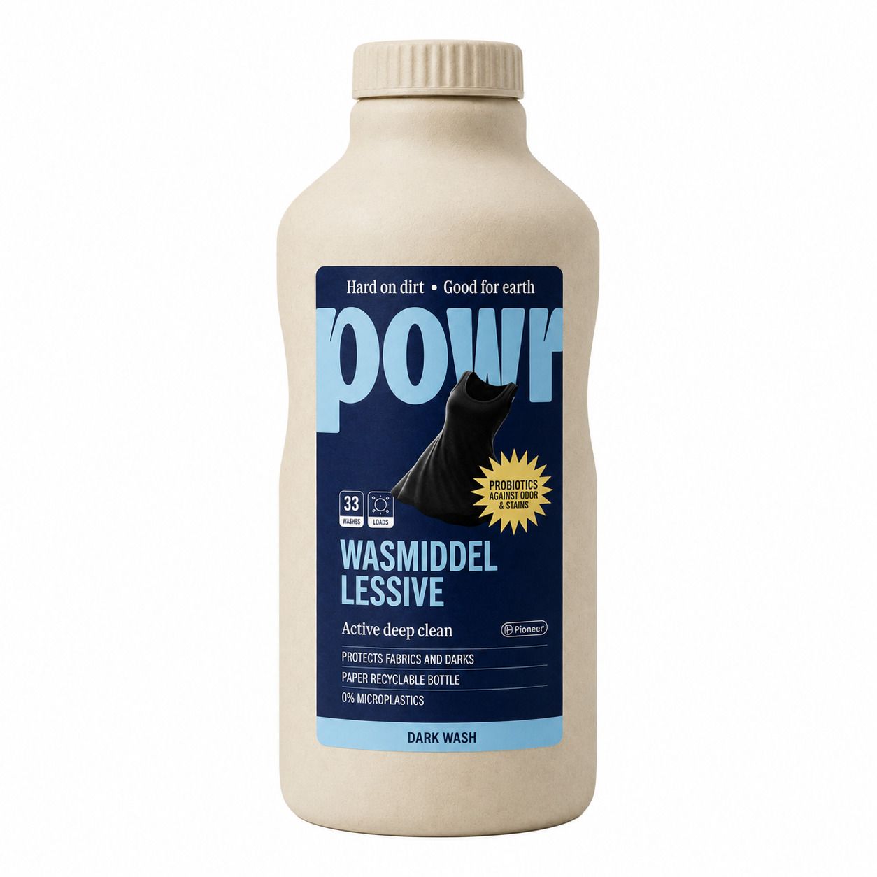 POWR vloeibaar wasmiddel voor donkere was in een beige fles.